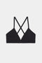 Introducing the Theo Rigor Bra from SPLITS59 in black, featuring thin straps and a crossed back design. Crafted from Rigor fabric for optimal support, this versatile piece lies flat on a white background, ready to enhance your multi-sport performance.