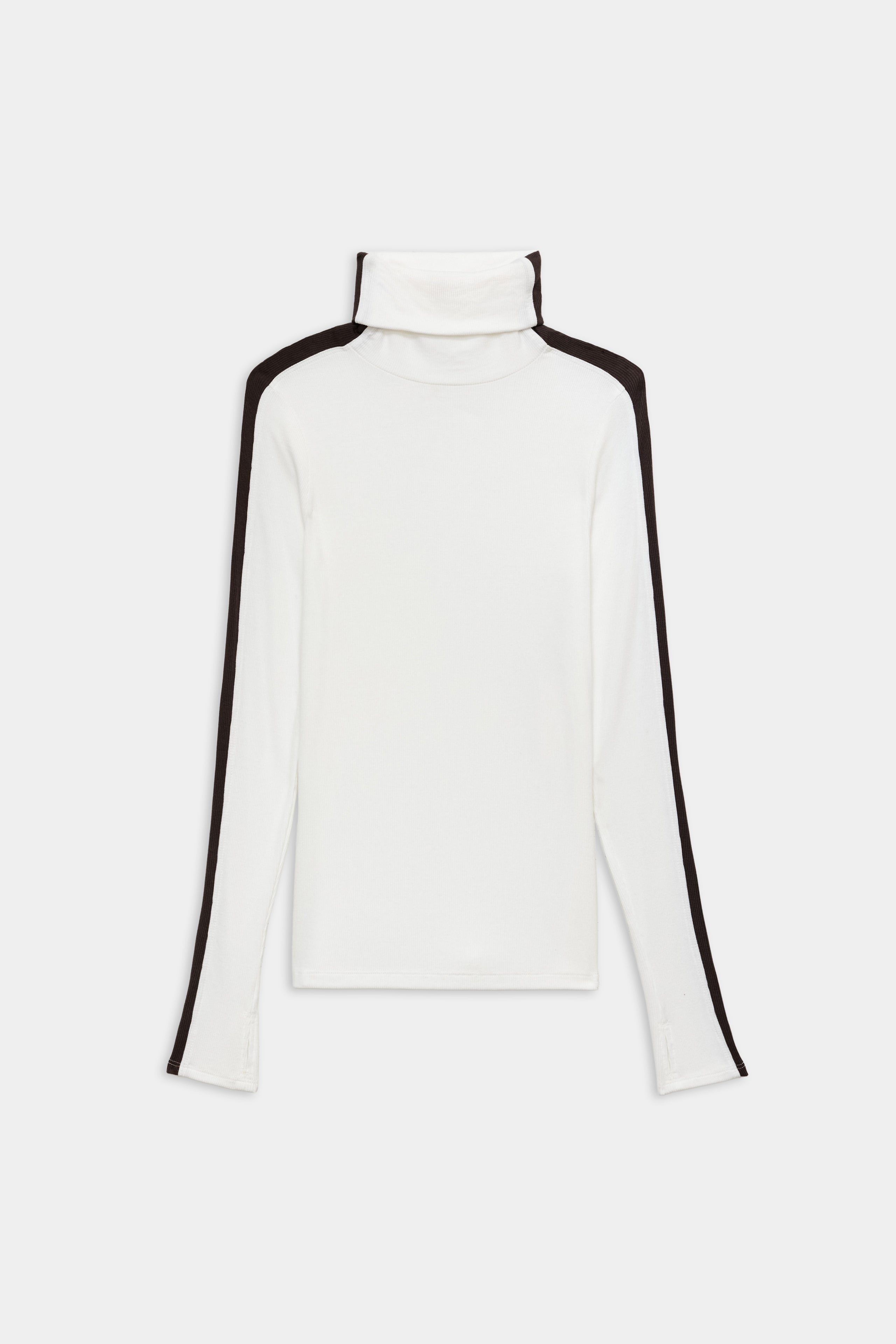 The SPLITS59 Jackson Rib Full Length Turtleneck in White/Dark Chocolate is a long-sleeve top with dark stripes on the shoulders and sleeves, ideal for running or yoga, shown laid flat on a white background.