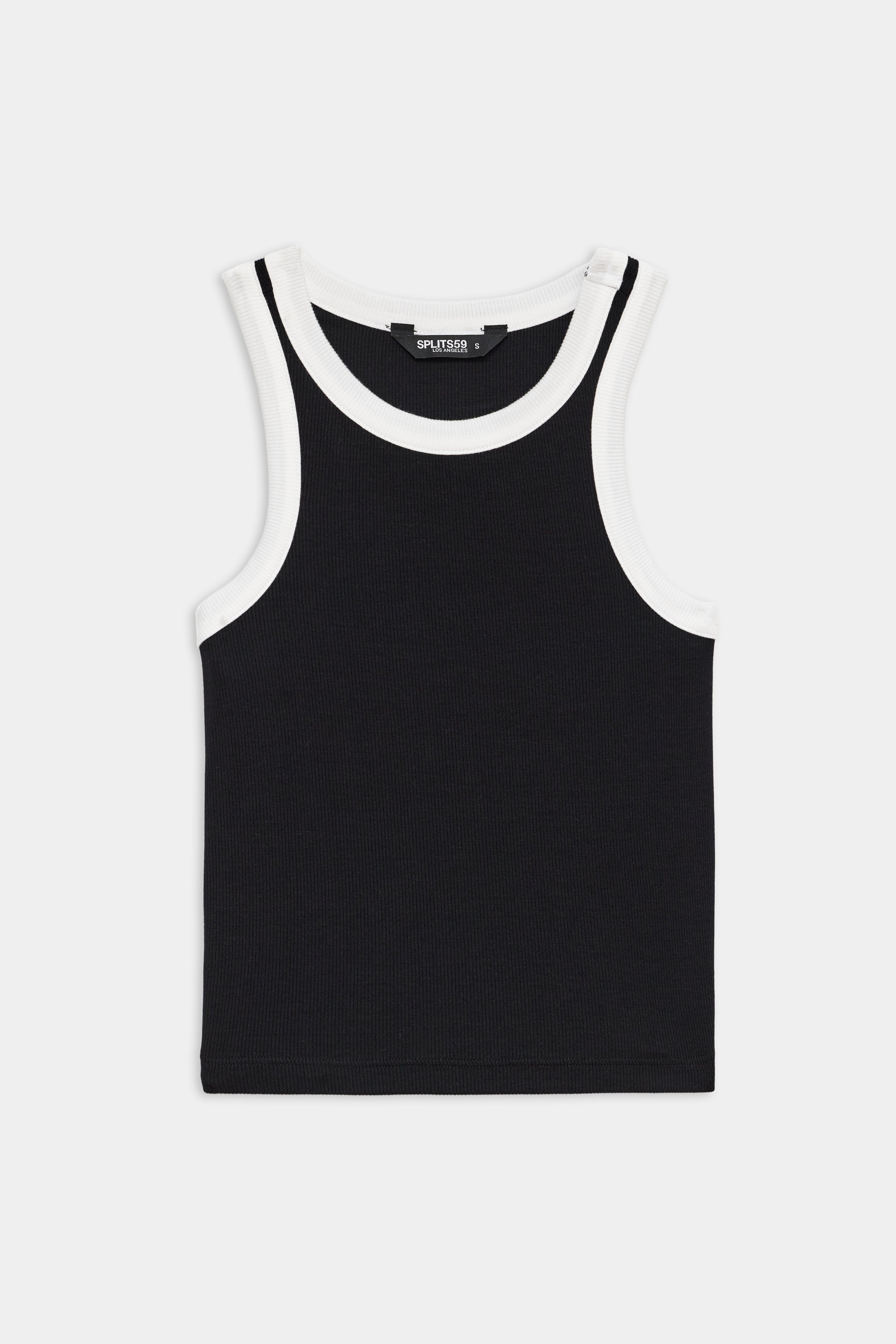 Sleeveless black tank top with white trim around the neckline and armholes, laid flat on a white background.