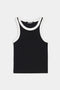 Sleeveless black tank top with white trim around the neckline and armholes, laid flat on a white background.