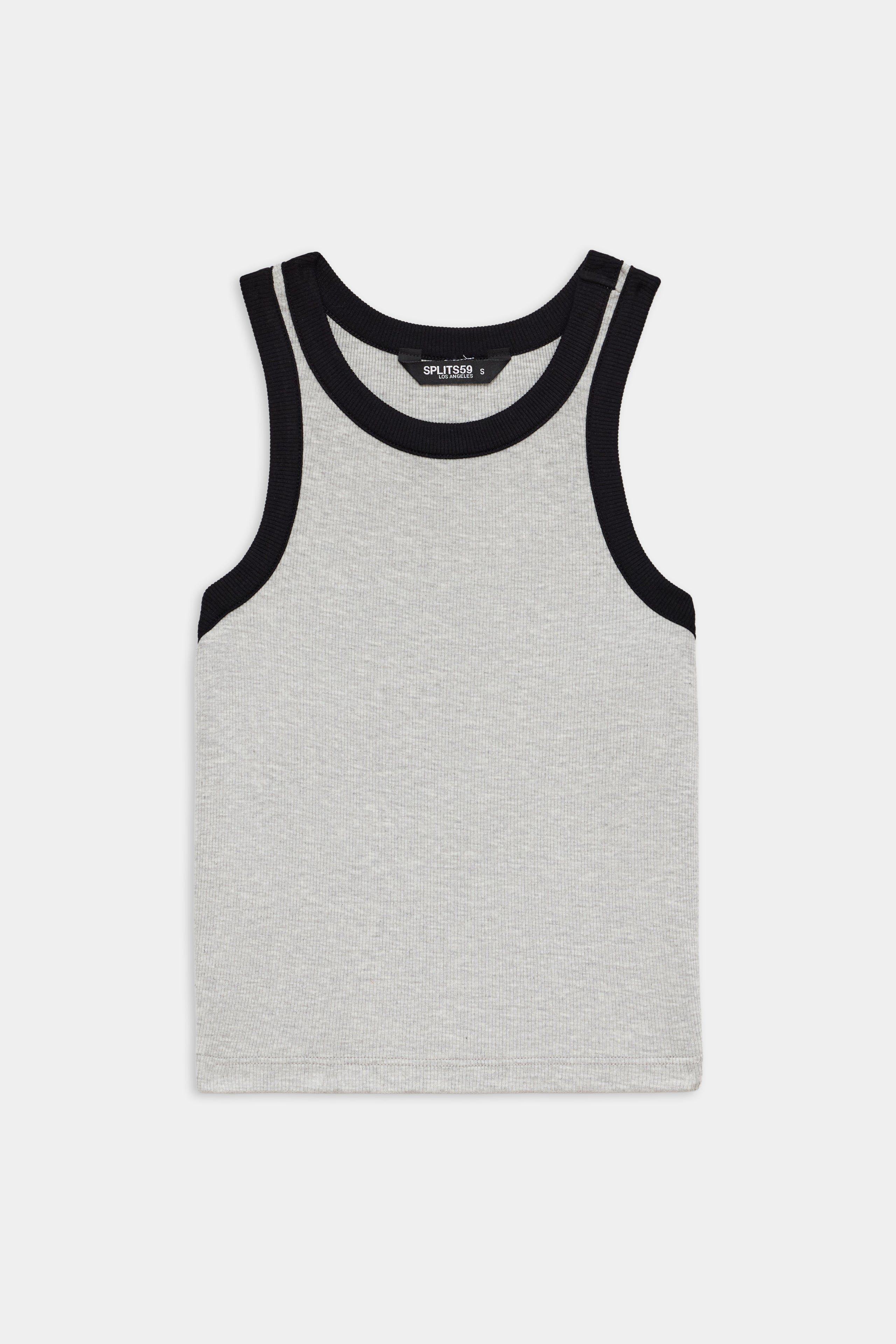 Sleeveless light gray tank top with black trim around the neck and armholes, laid flat on a white background.
