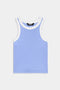 Sleeveless light blue tank top with white trim around the neck and armholes, displayed on a plain white background.