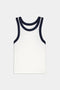 White sleeveless tank top with dark navy blue trim around the neckline and armholes, laid flat on a plain light gray background.