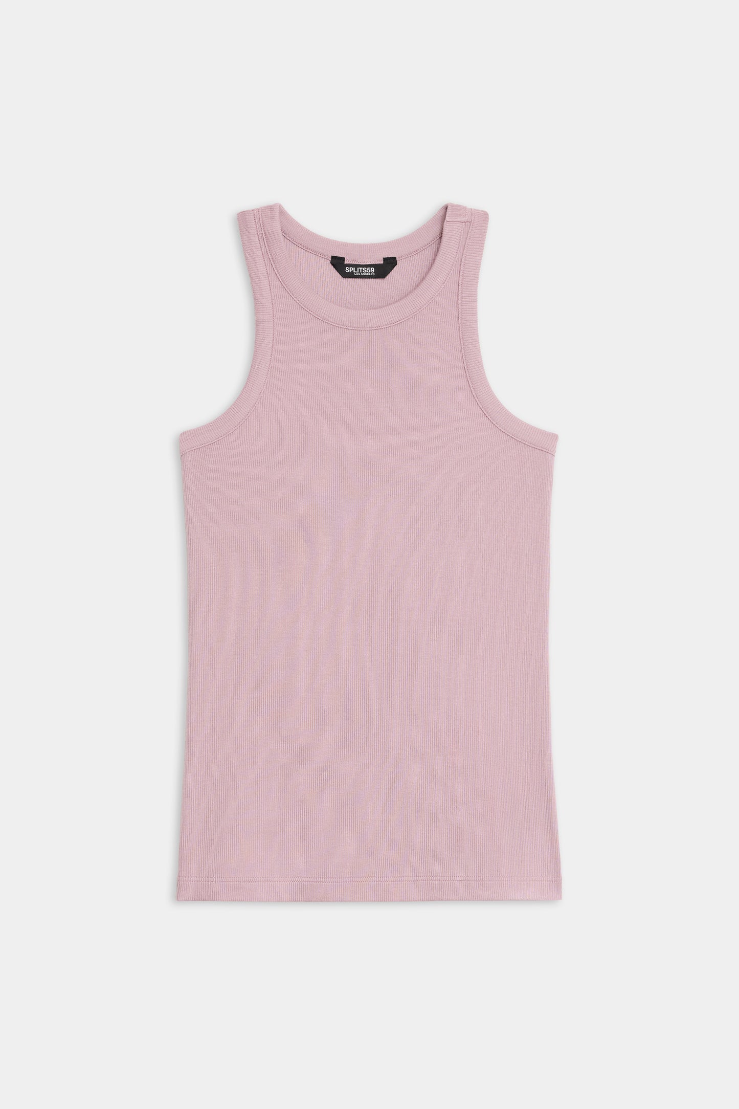 The SPLITS59 Kiki Rib Tank Full Length in light pink features a round neckline and ribbed texture, shown laid flat on a white background.