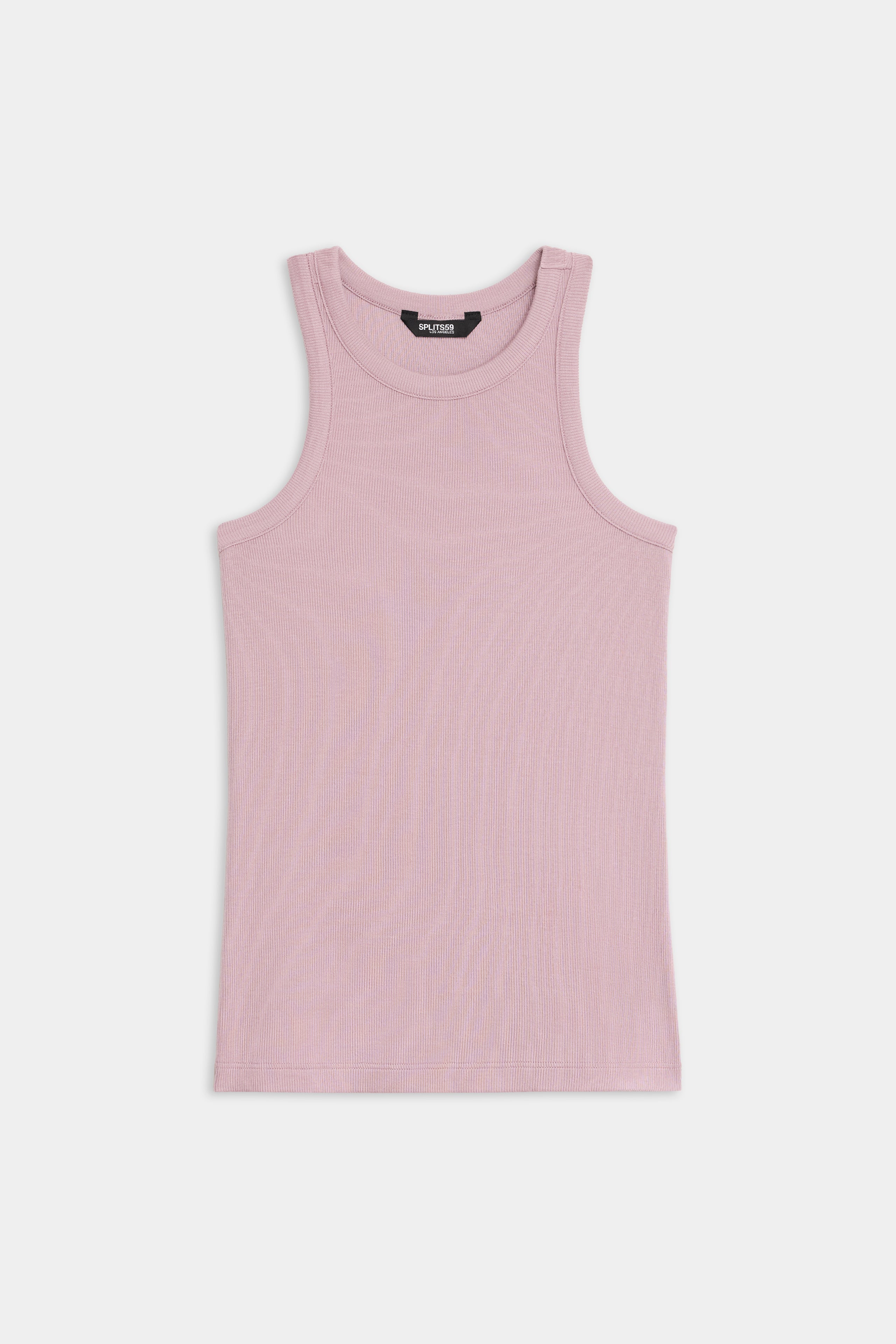 The SPLITS59 Kiki Rib Tank Full Length in light pink features a round neckline and ribbed texture, shown laid flat on a white background.