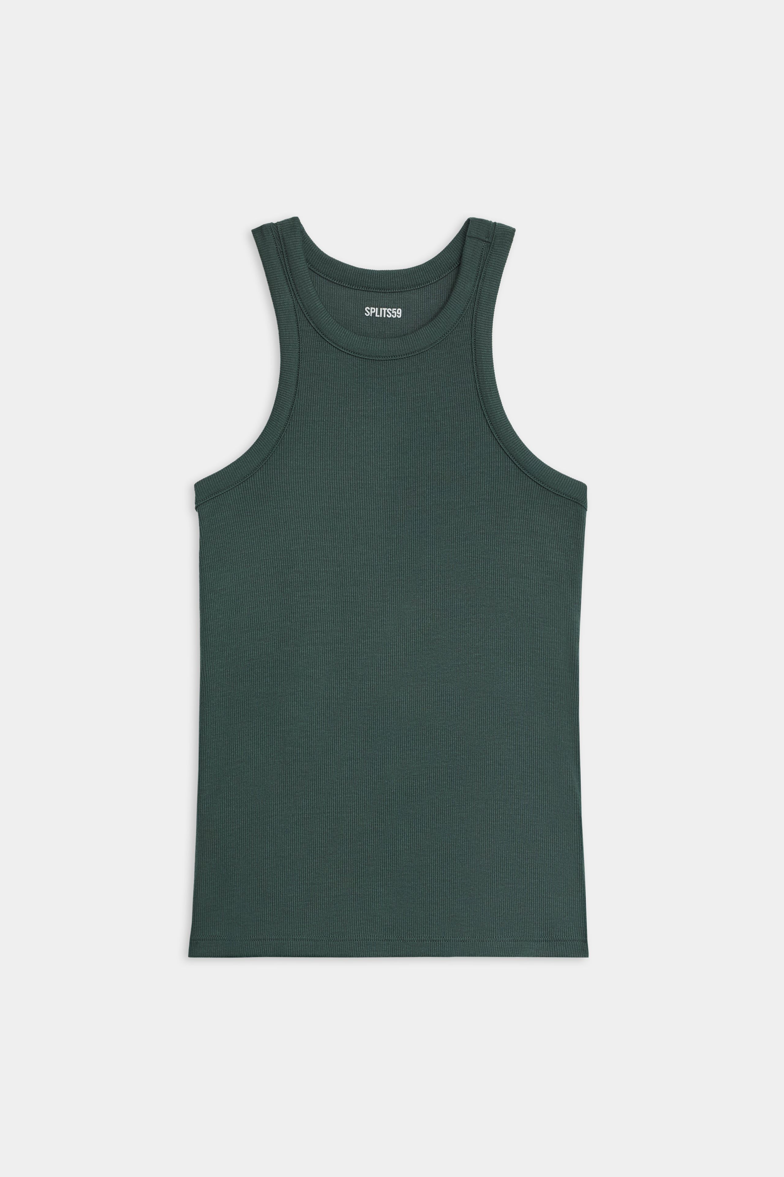 The SPLITS59 Kiki Rib Tank Full Length in Military, a dark green ribbed tank top ideal for yoga or running, is displayed against a plain white background.