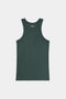 The SPLITS59 Kiki Rib Tank Full Length in Military, a dark green ribbed tank top ideal for yoga or running, is displayed against a plain white background.