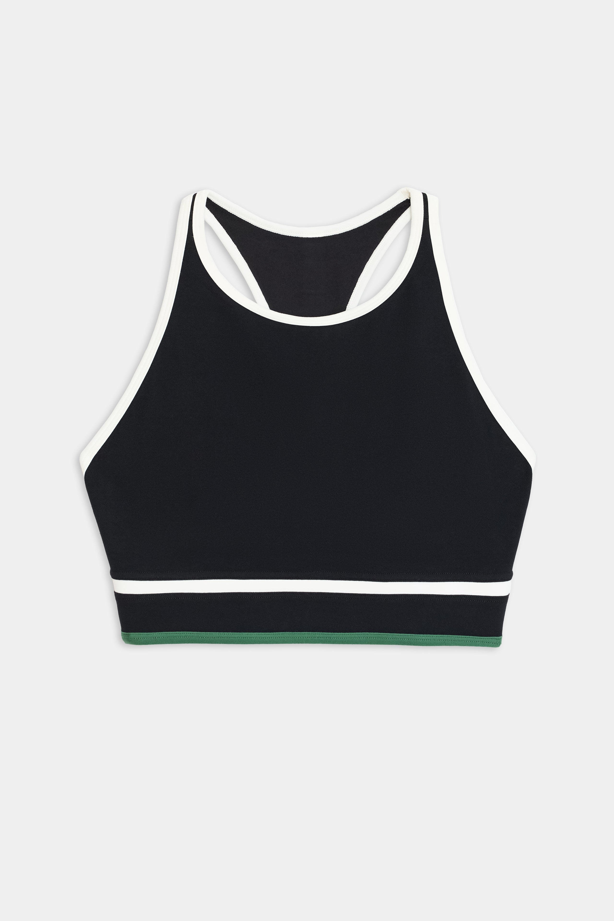 The SPLITS59 Layla Airweight Bra in Black/Arugula, featuring a racerback design with white trim and a green band, is perfect for hot yoga with its lightweight feel.