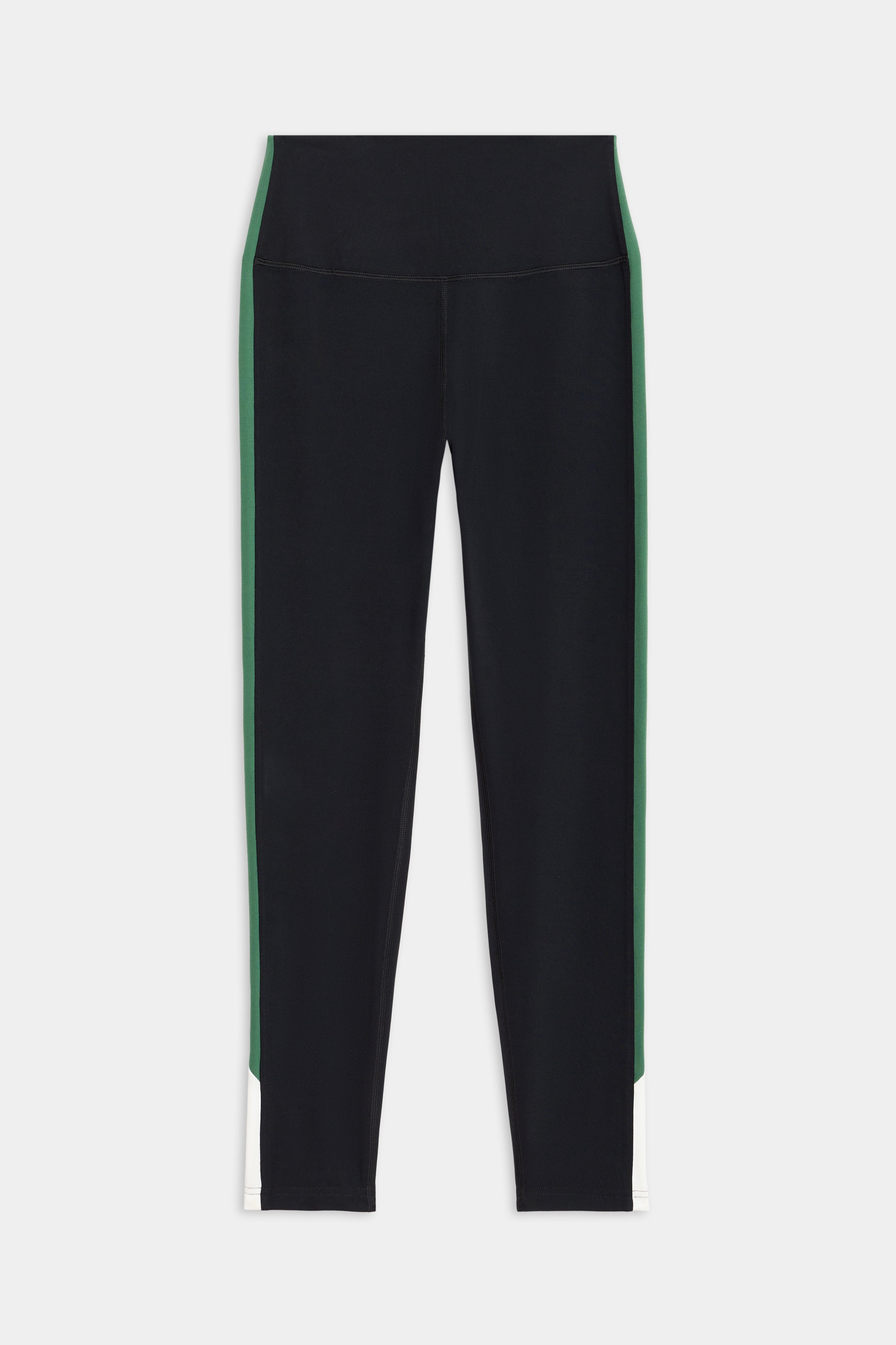 SPLITS59's Layla Airweight High Waist 7/8 in Black/Arugula features green side stripes and white ankle accents, crafted from ultra-comfortable Airweight fabric, ideal for hot yoga. Displayed on a plain white background.