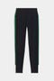 SPLITS59's Layla Airweight High Waist 7/8 in Black/Arugula features green side stripes and white ankle accents, crafted from ultra-comfortable Airweight fabric, ideal for hot yoga. Displayed on a plain white background.