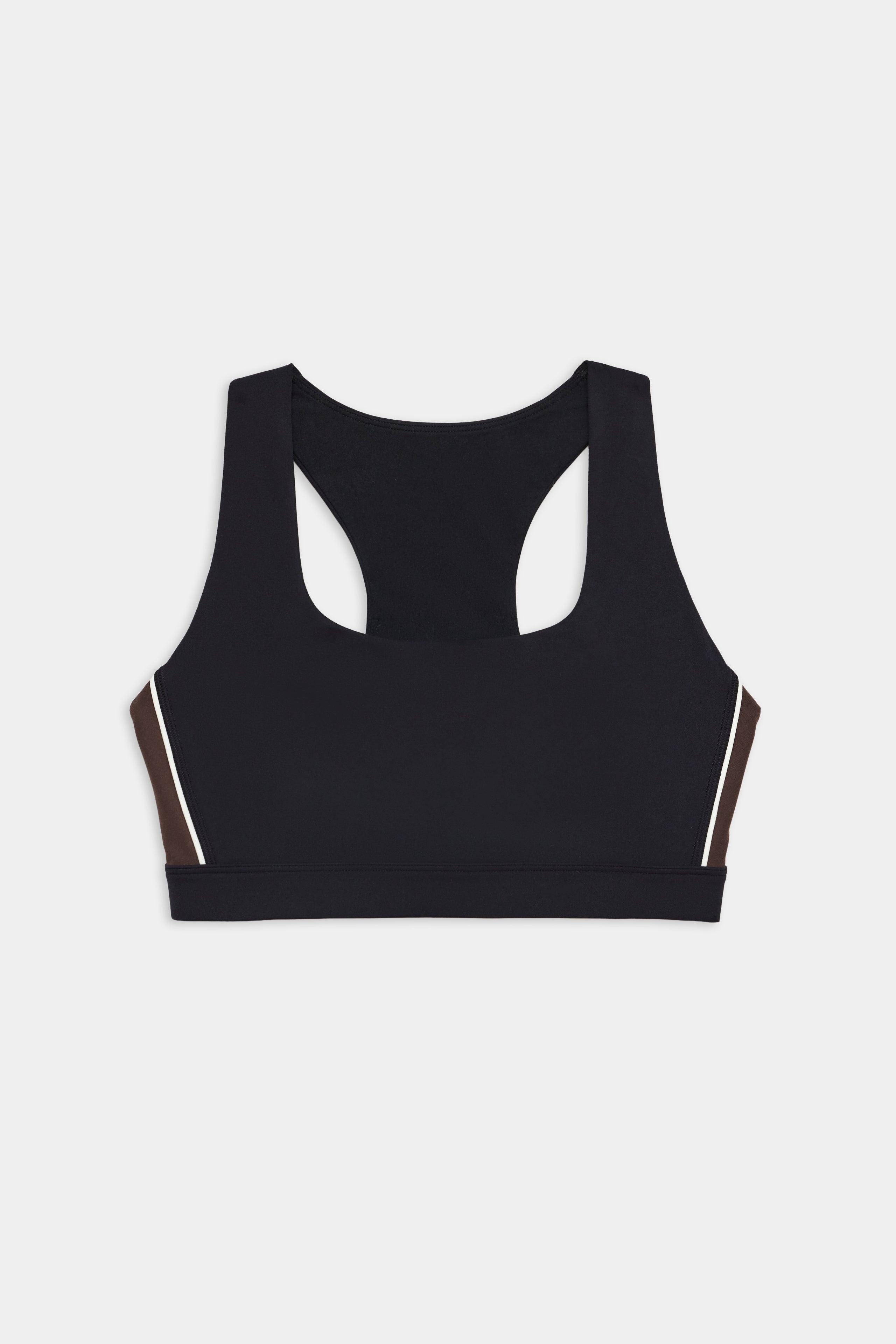 The SPLITS59 Lexi Rigor Bra - Black/Dark Chocolate features a racerback design with brown side panels and white trim, made for high-impact workouts. Shown flat on a white background.