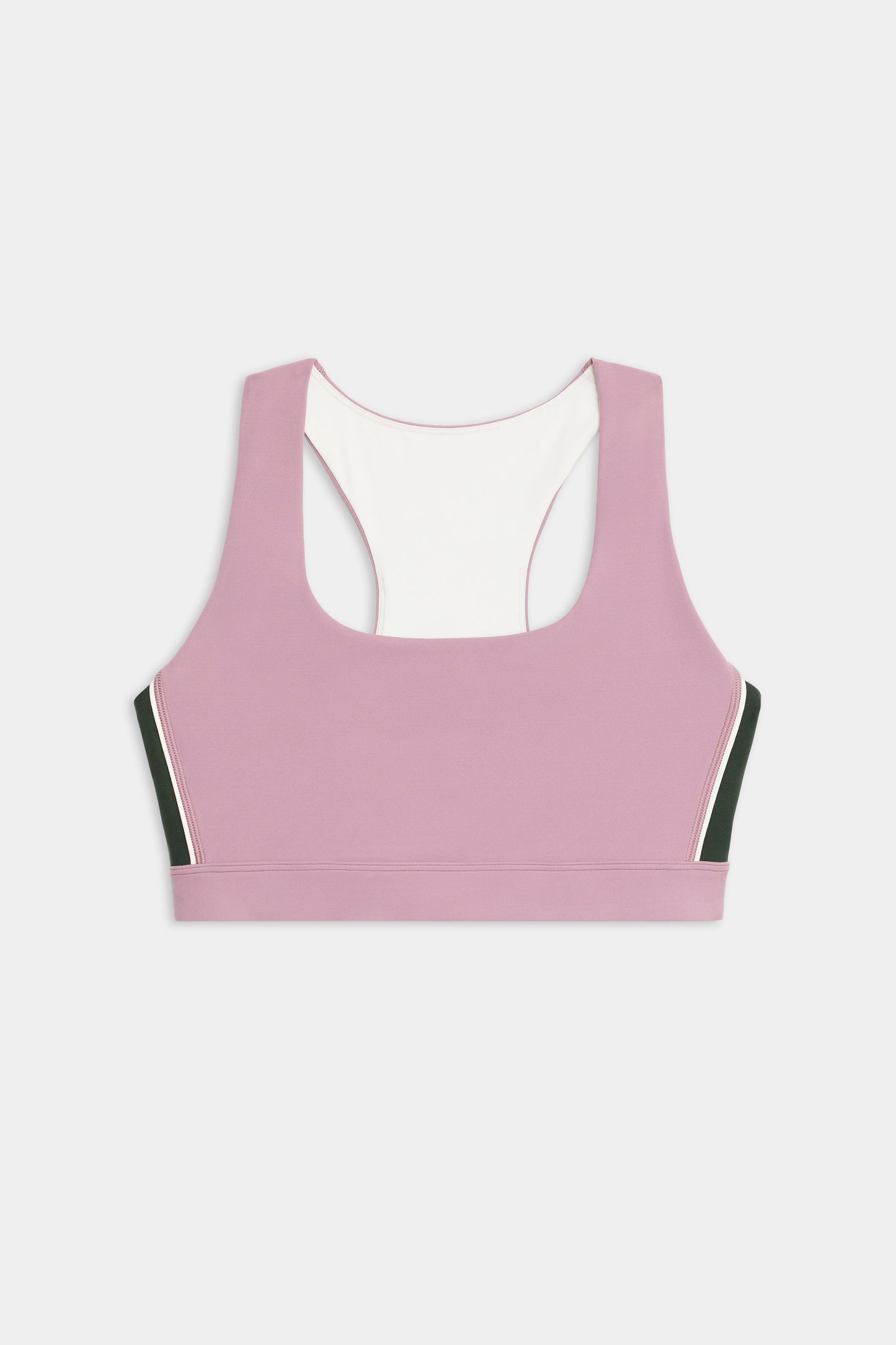 The SPLITS59 Lexi Rigor Bra is a mauve sports bra featuring a racerback, white lining, and green and white side panels, shown on a plain white background.