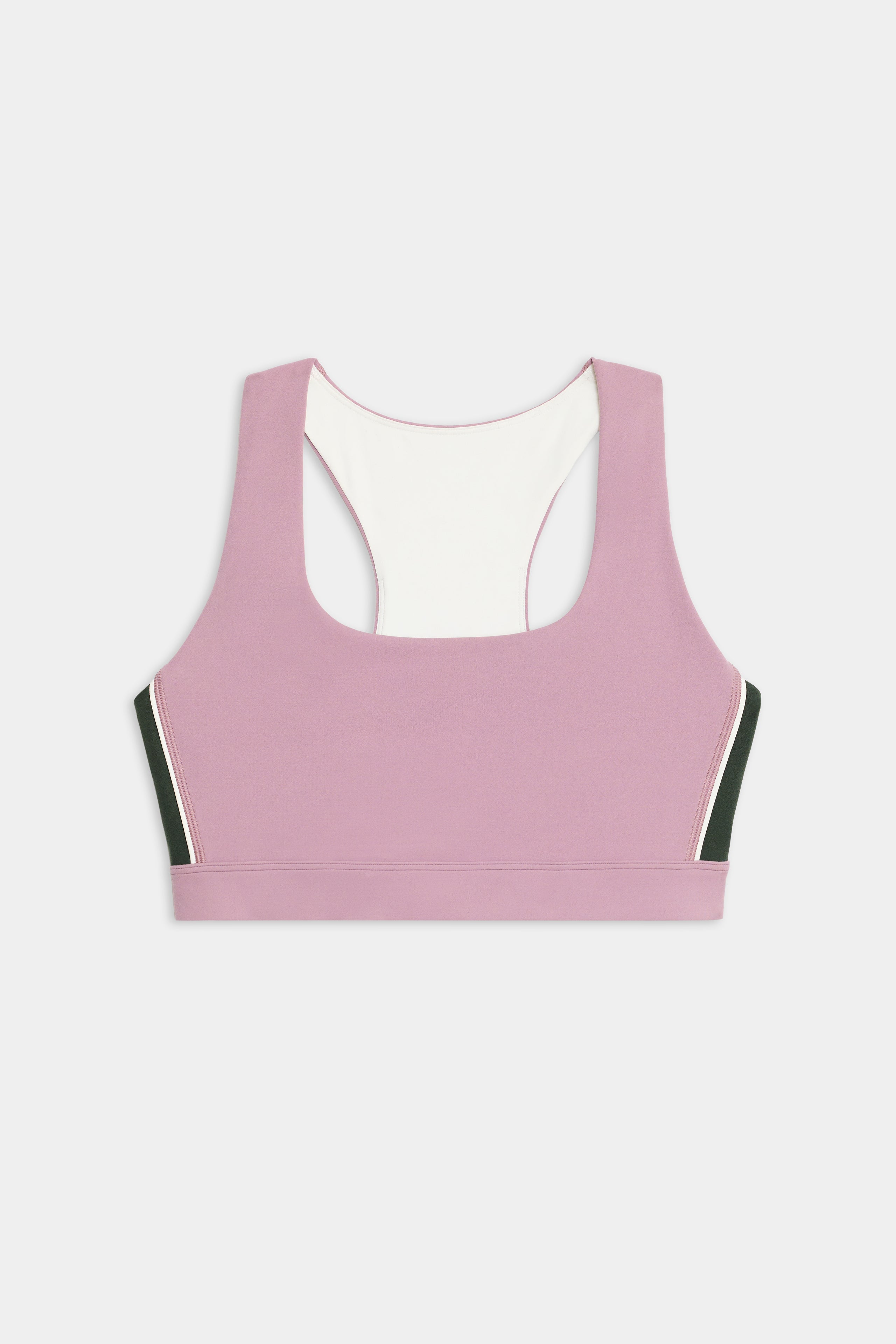 The SPLITS59 Lexi Rigor Bra is a mauve sports bra featuring a racerback, white lining, and green and white side panels, shown on a plain white background.