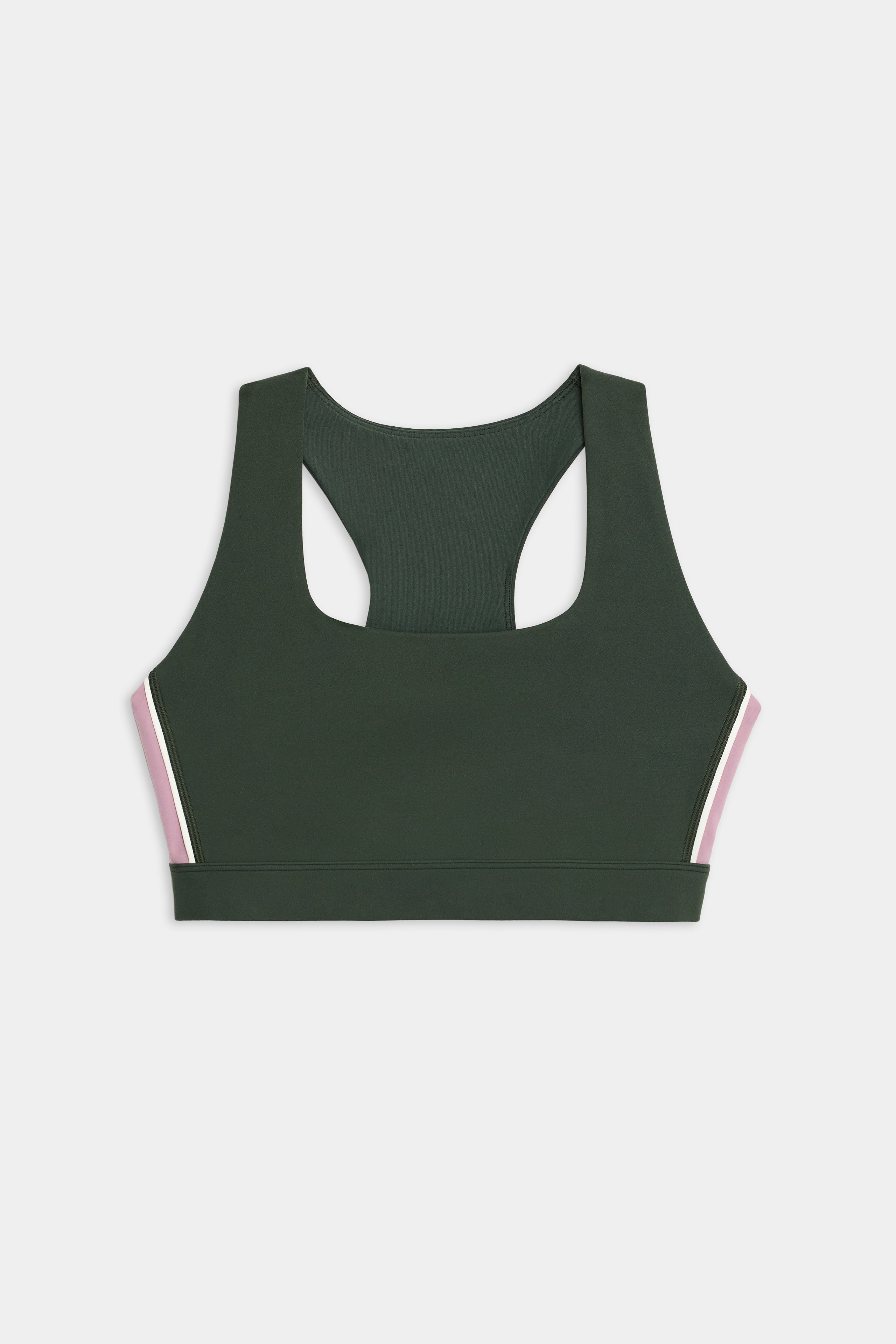 The SPLITS59 Lexi Rigor Bra, a dark green racerback sports bra featuring pink and white side stripes, is displayed on a white background.