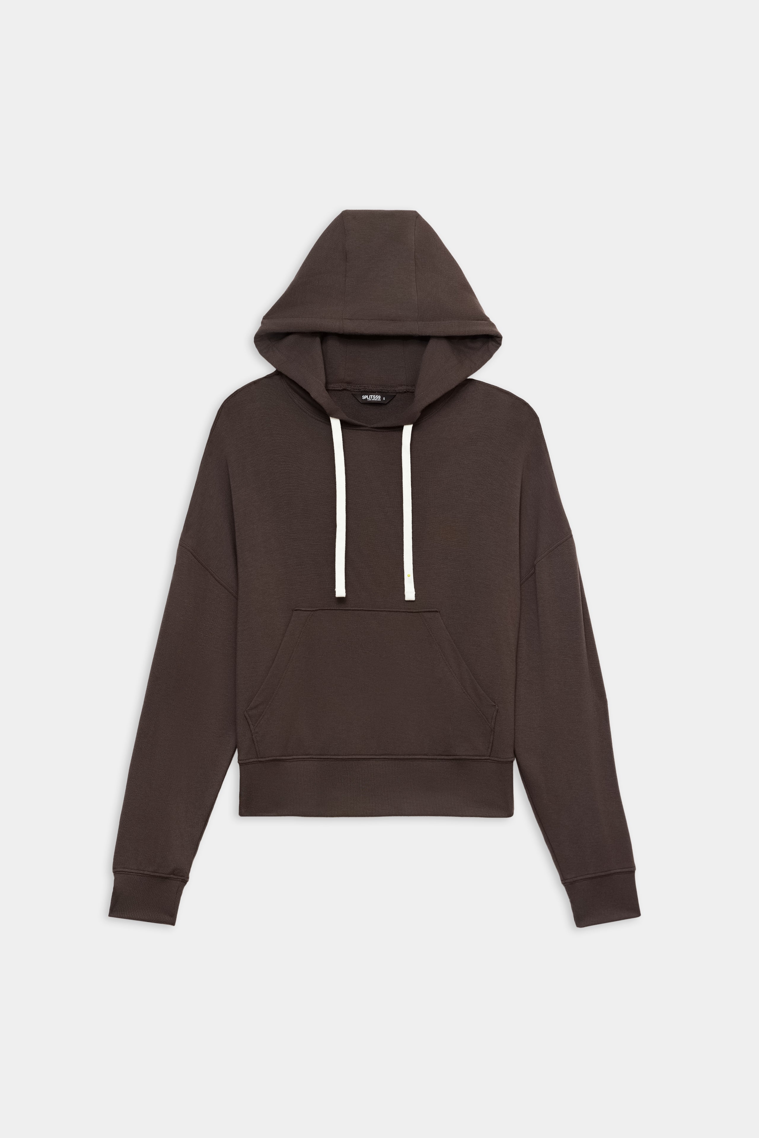 The SPLITS59 Joey Long Sleeve Hoodie in Dark Chocolate features soft modal, white drawstrings, ribbed cuffs, long sleeves, and a front kangaroo pocket. Shown laid flat on a white background.