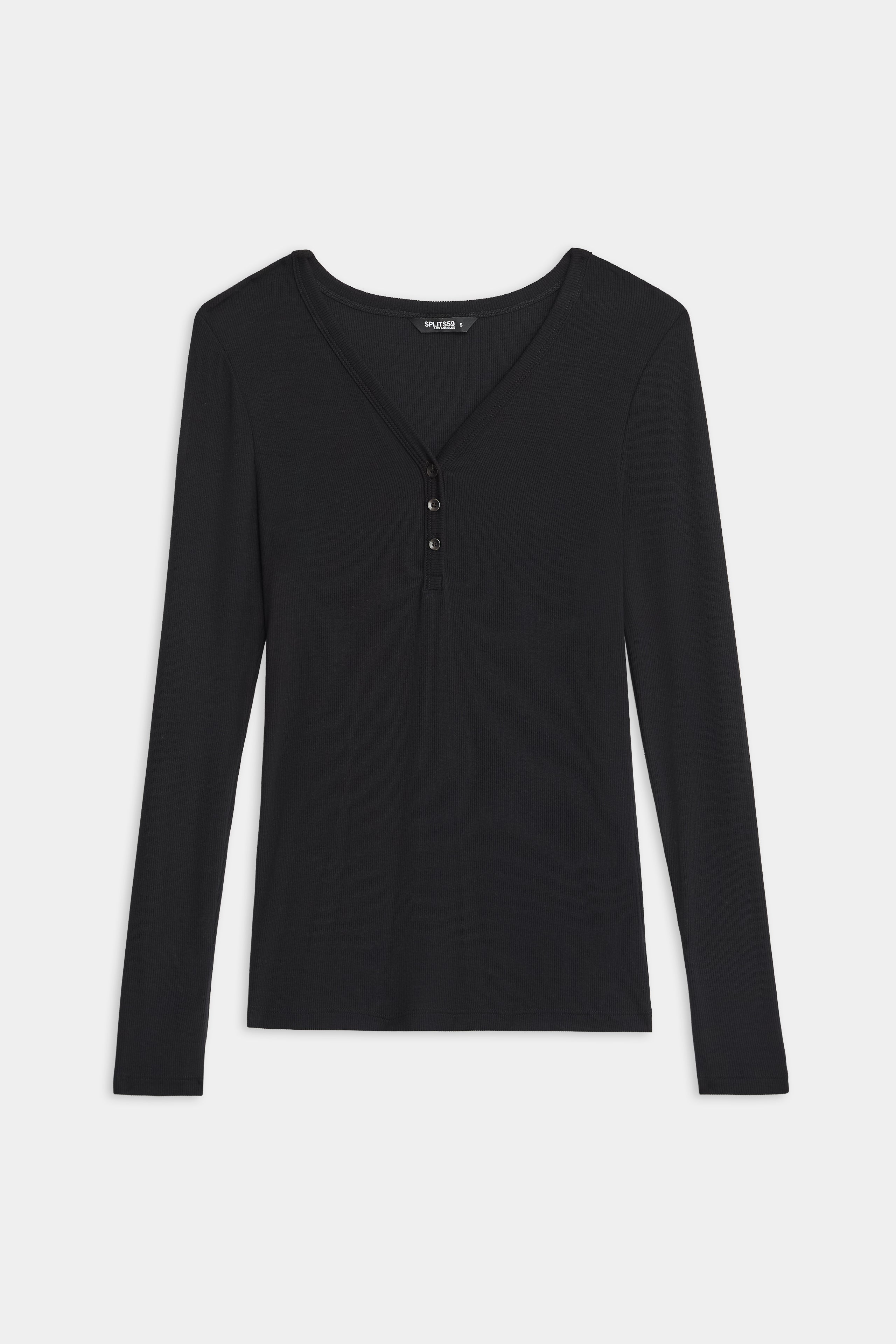 The SPLITS59 Louise Rib Henley is a black long-sleeve shirt featuring a V-neckline and three-button front placket, shown on a white background.