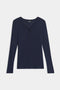 The SPLITS59 Louise Rib Henley is a navy blue long-sleeve shirt featuring a V-neckline and three-button front placket, shown laid flat on a white background.