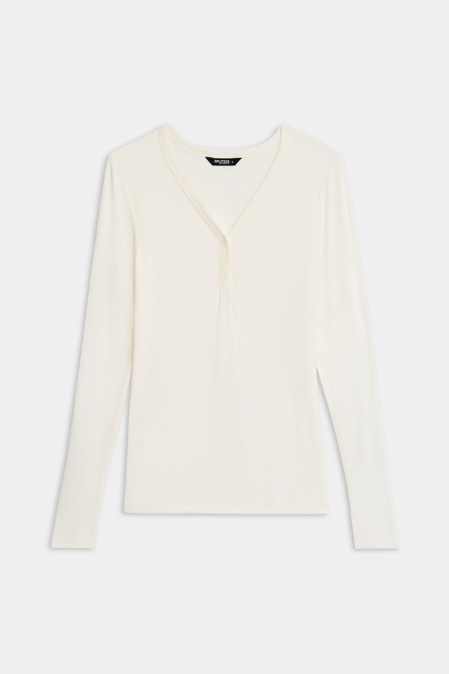 The SPLITS59 Louise Rib Henley is a long-sleeve, off-white V-neck shirt with three front buttons, shown laid flat on a white background.