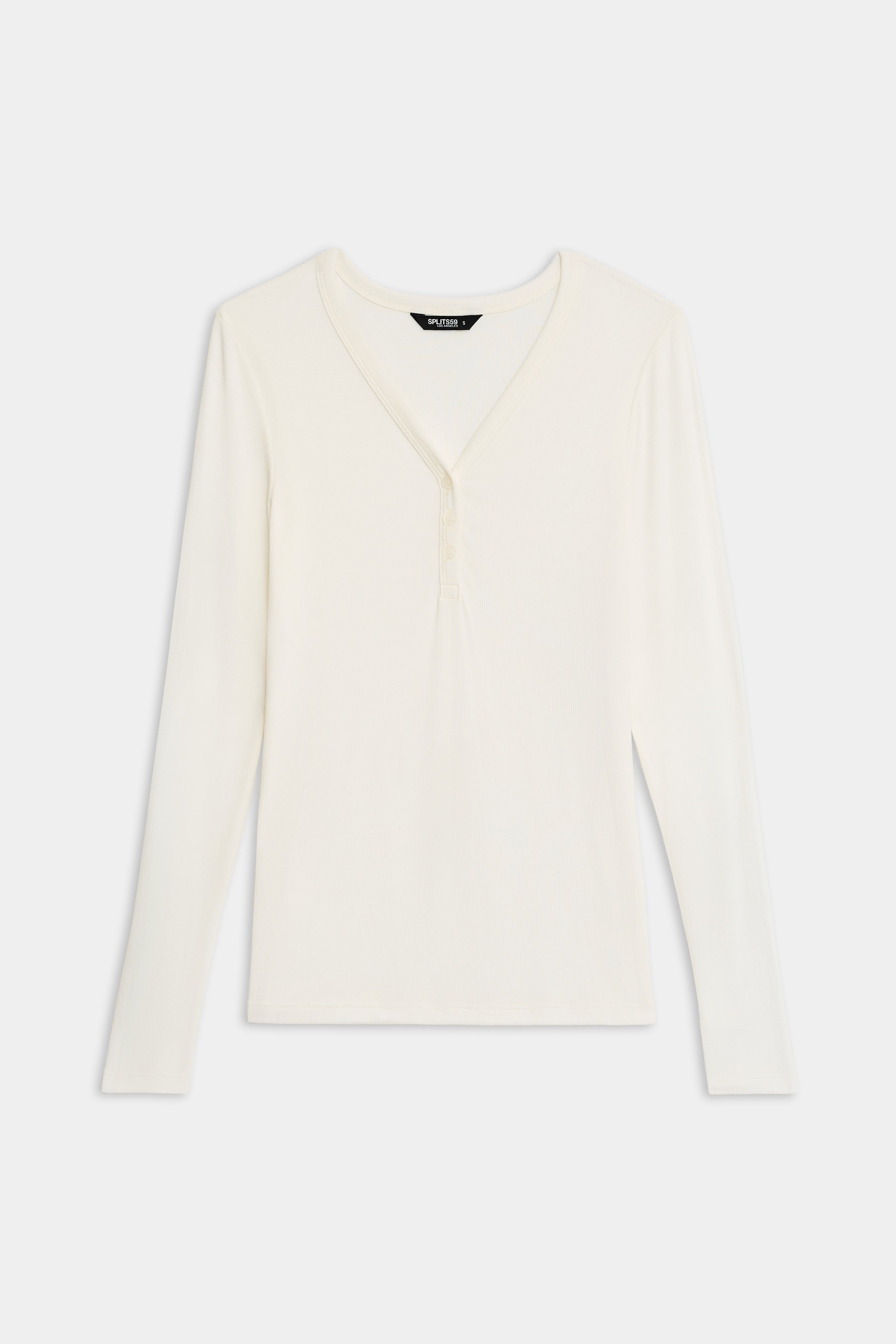 The SPLITS59 Louise Rib Henley is a long-sleeve, off-white V-neck shirt with three front buttons, shown laid flat on a white background.