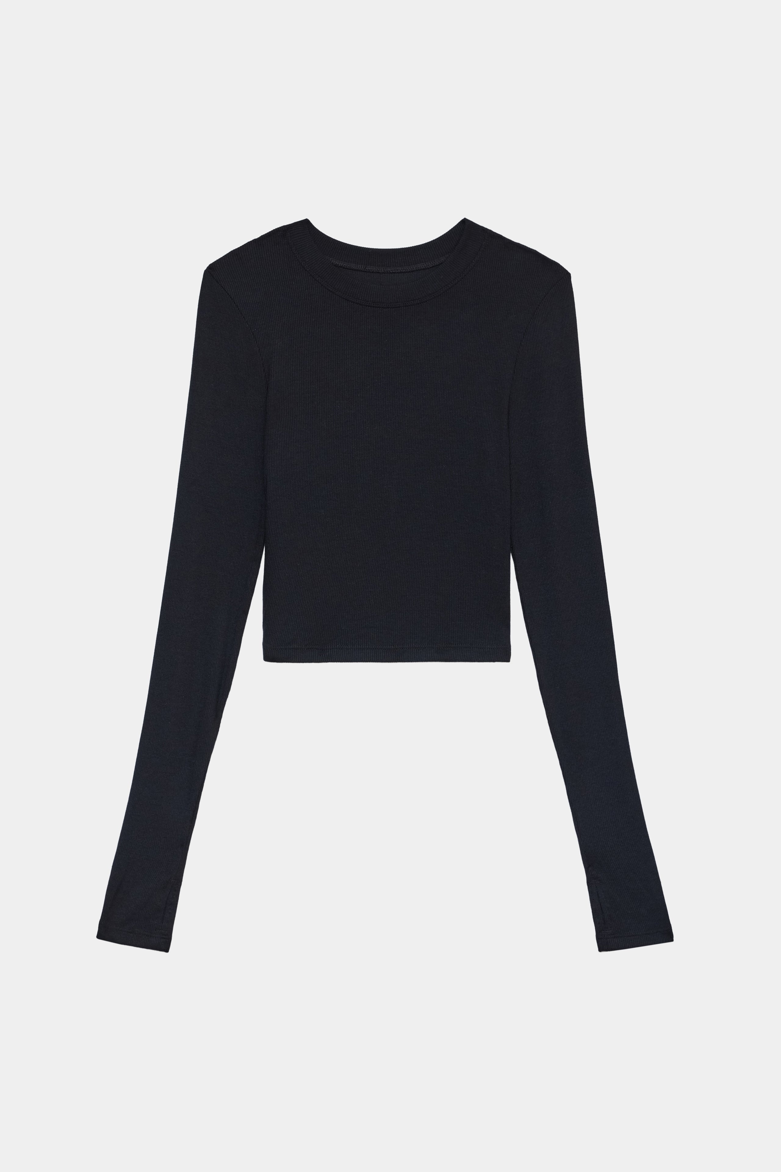 Black long-sleeve crop top laid flat on a white background.