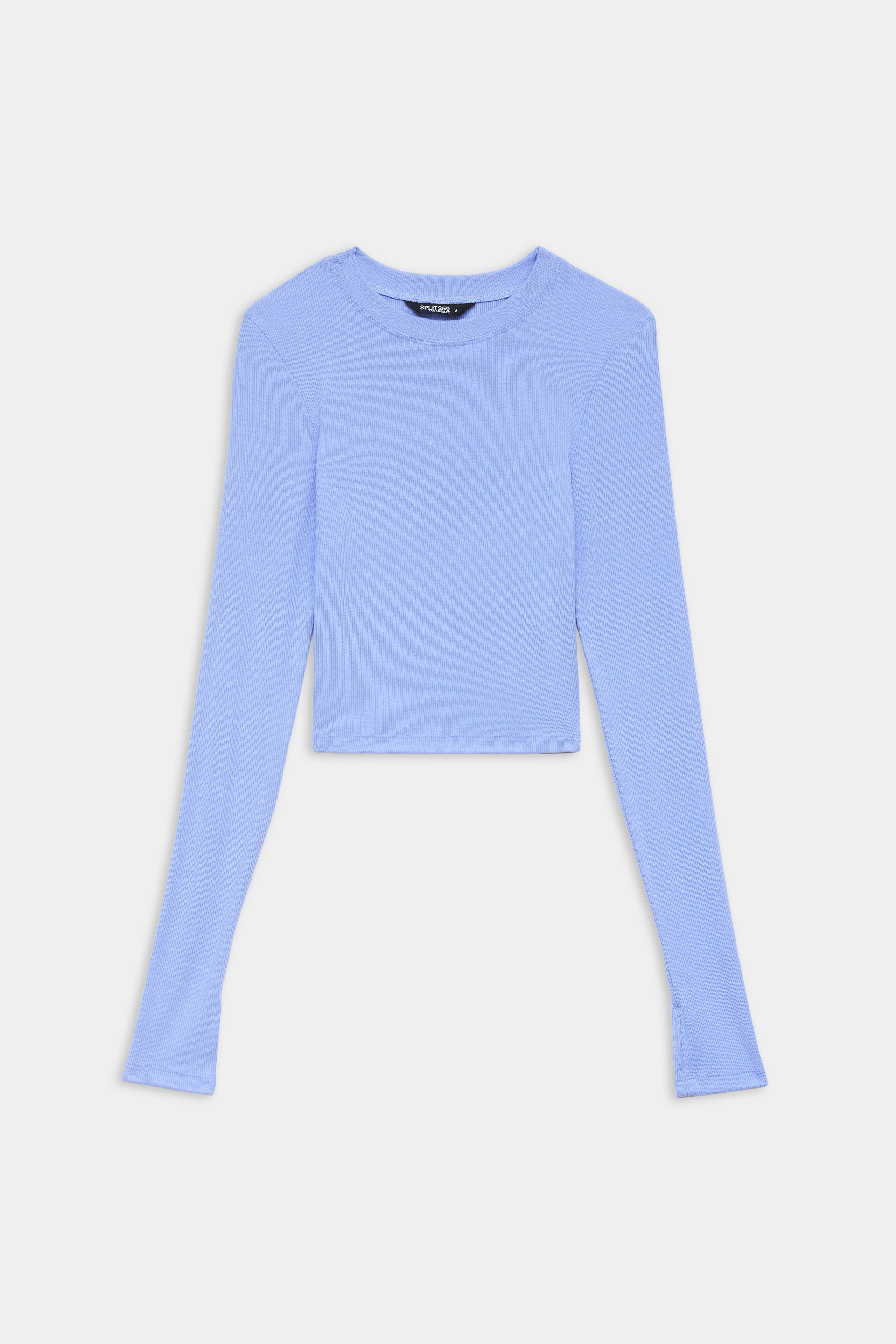 A light blue, long-sleeve, crew neck cropped top is laid flat on a white background.