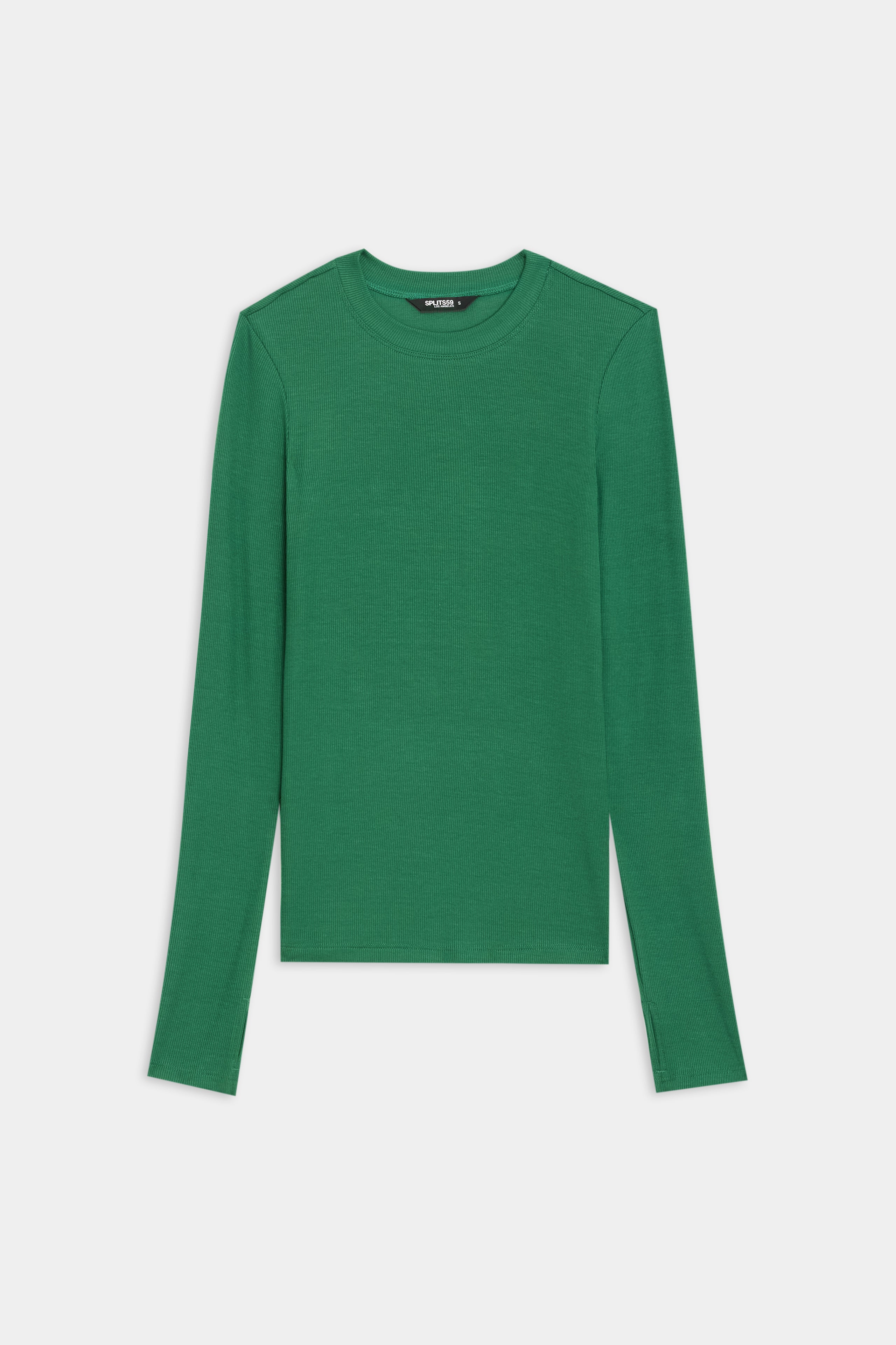 The Louise Rib Long Sleeve in Arugula by SPLITS59 is perfect for yoga sessions, showcased on a white background.