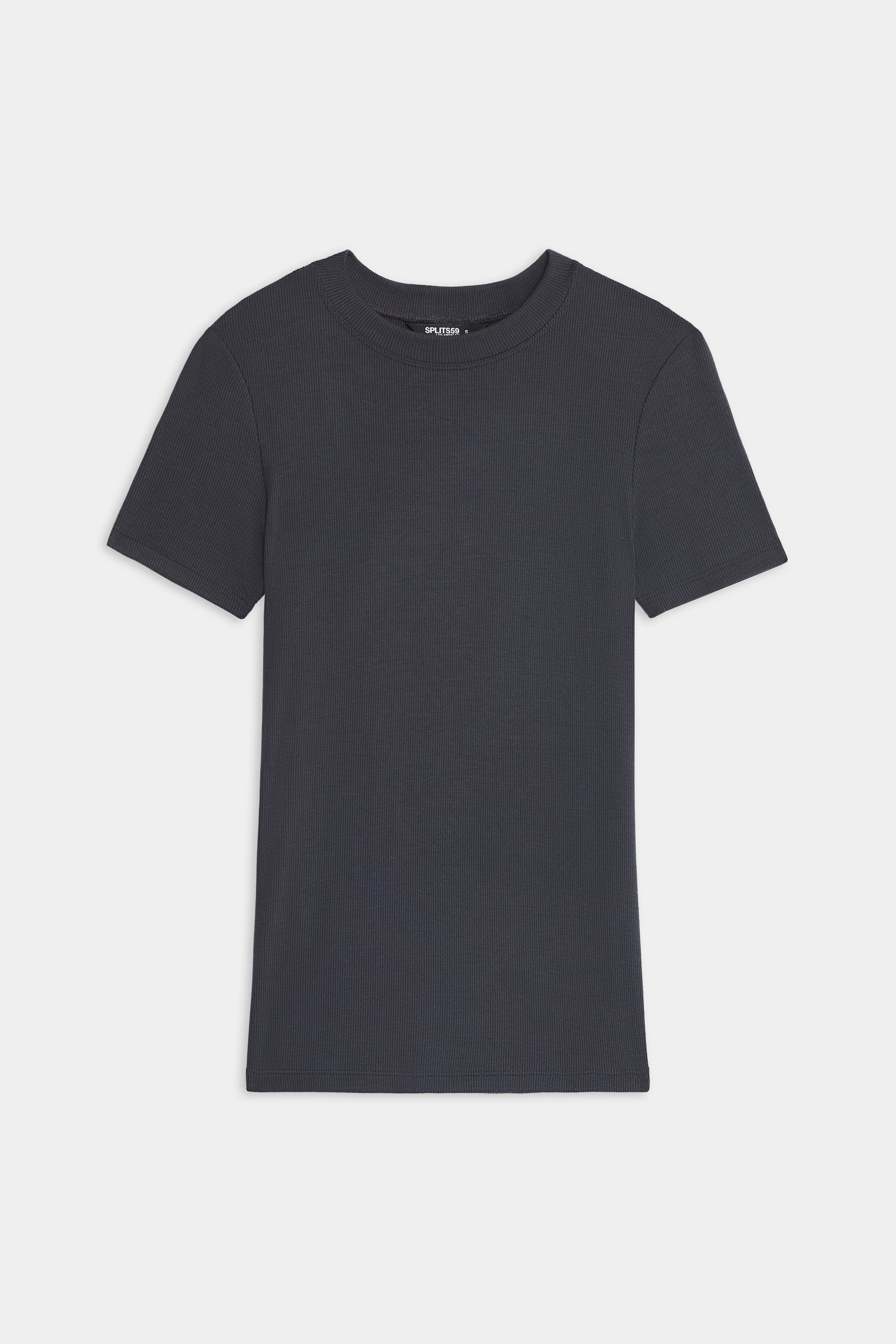The SPLITS59 Louise Rib Short Sleeve, a dark gray t-shirt, is laid flat on a white background.