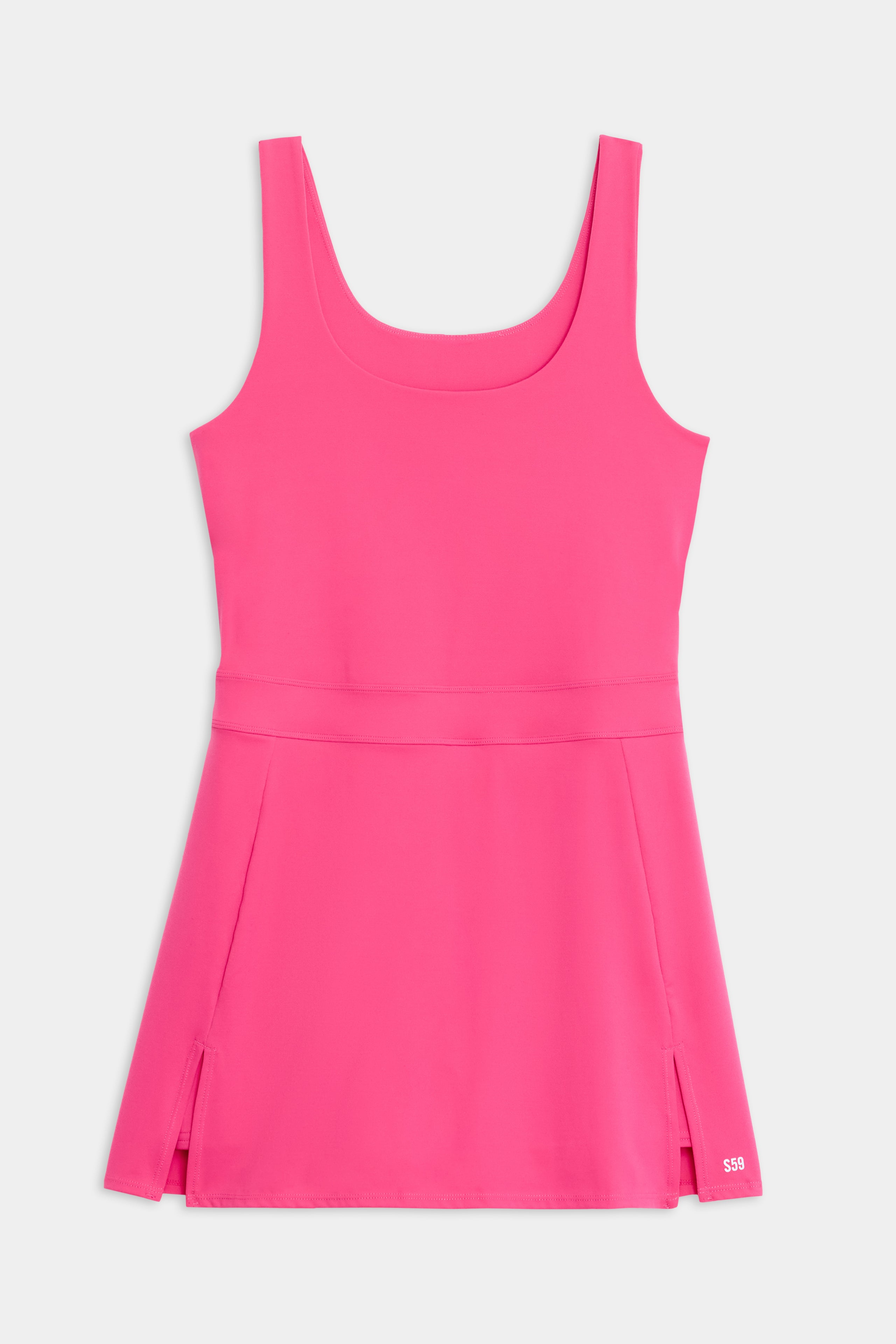 The Martina Rigor Dress by SPLITS59 is a pink sleeveless dress featuring a scoop neckline, belt detail at the waist, and small side slits, displayed flat on a white background.