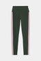 The SPLITS59 Margot Rigor Legging in Military/Blush features dark green fabric with light pink side panels and a high waistband, displayed flat on a white background.