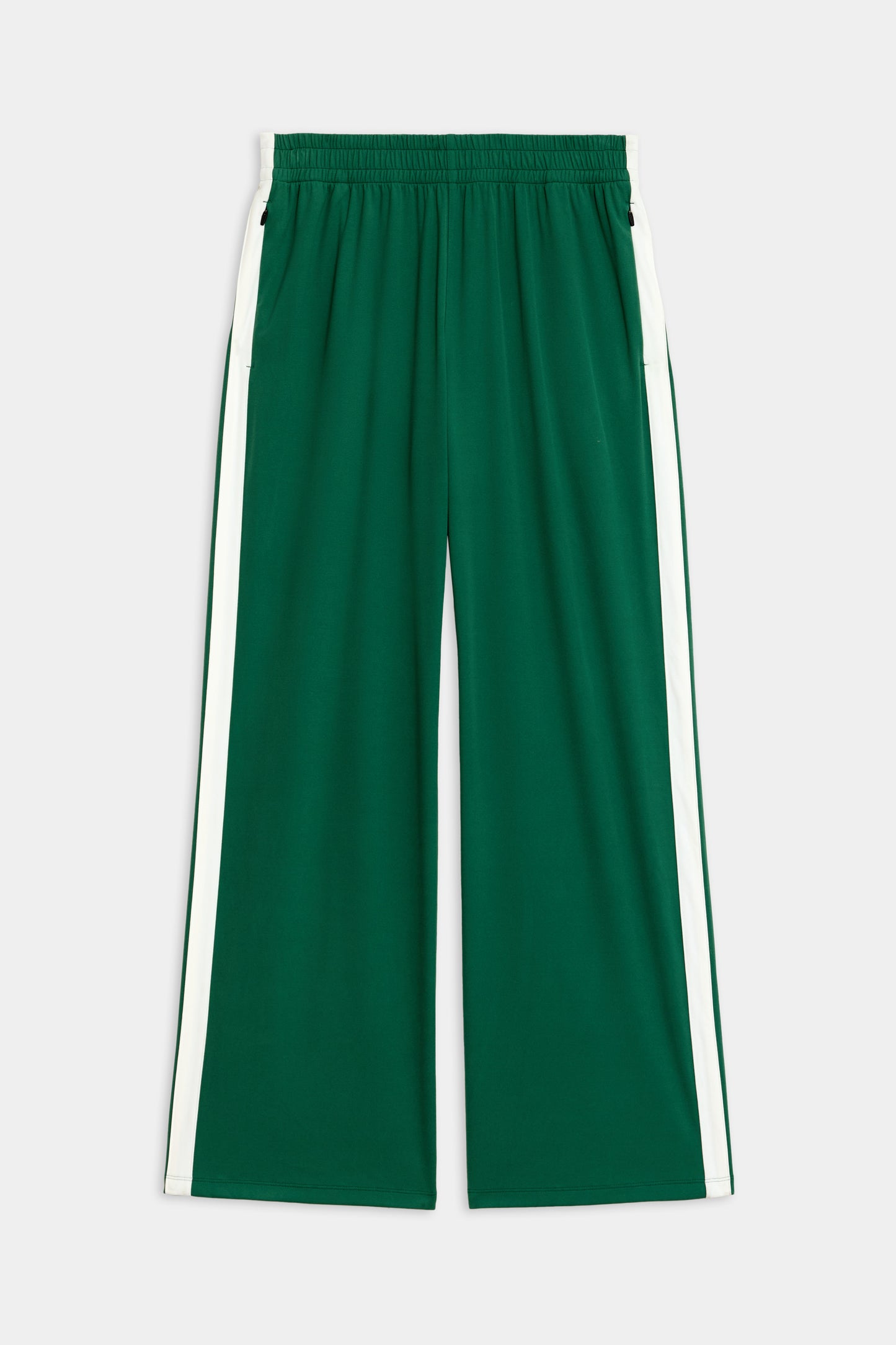 Maxie Rigor Track Pant by SPLITS59 in Arugula/White, featuring a wide leg silhouette with white side stripes and an elastic waistband, crafted from rigor fabric, displayed flat.