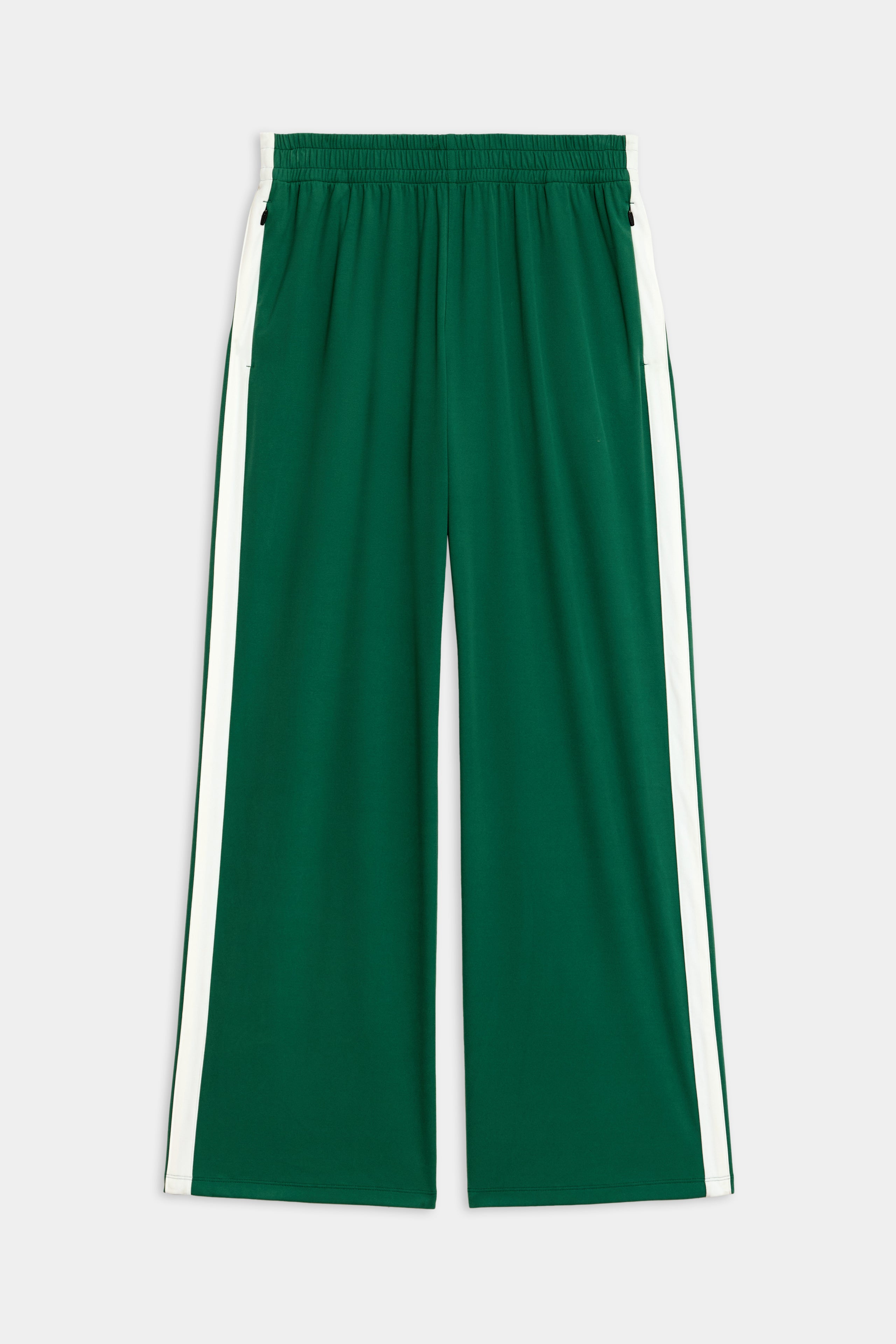 Maxie Rigor Track Pant by SPLITS59 in Arugula/White, featuring a wide leg silhouette with white side stripes and an elastic waistband, crafted from rigor fabric, displayed flat.
