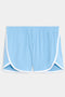 The SPLITS59 Megan Woven Nylon Run Shorts feature a light blue color, elastic waistband, and white trim on the edges, set against a plain background.