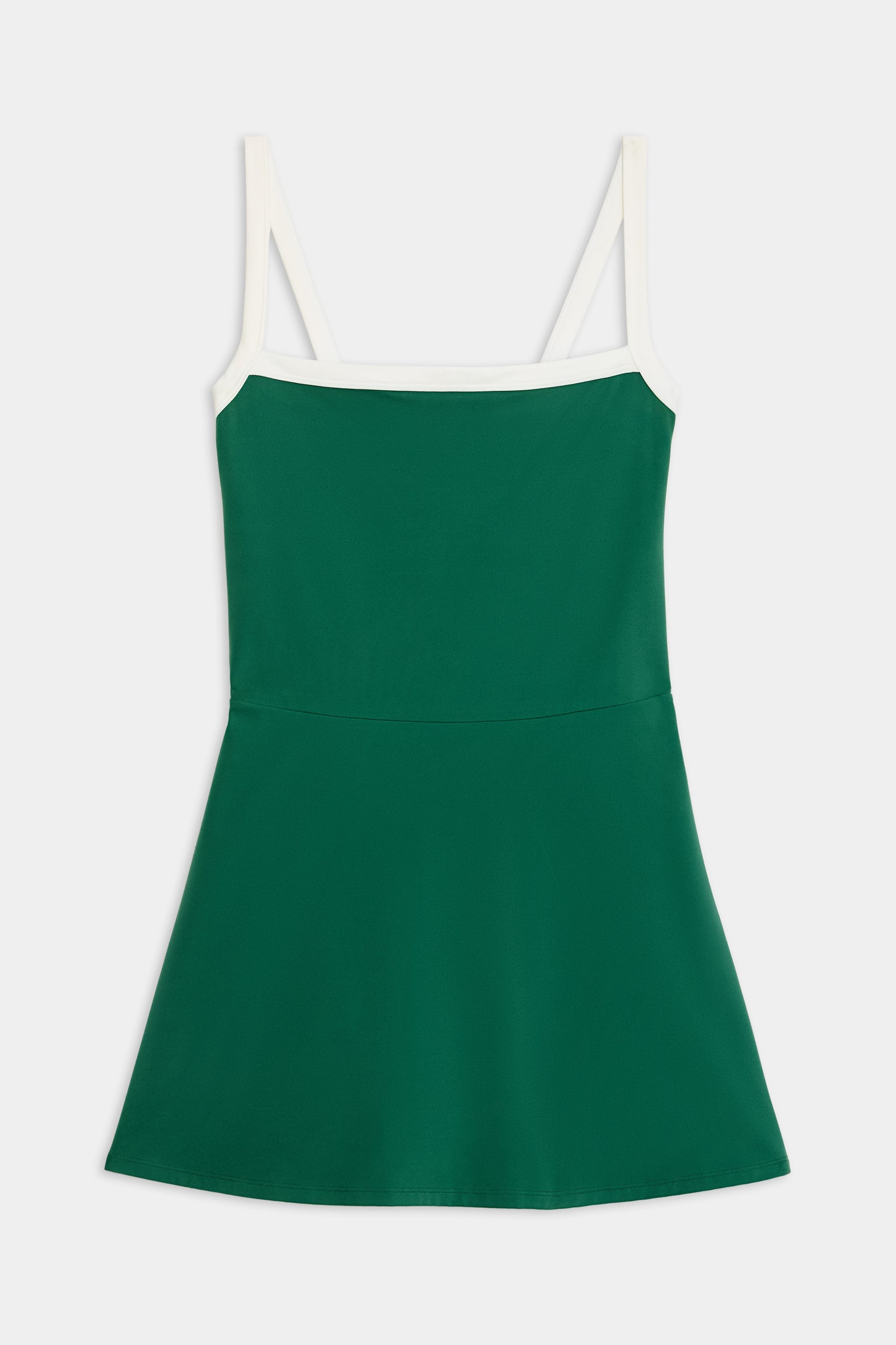 The SPLITS59 Monah Rigor Dress in Arugula/White is a sleeveless piece with an A-line silhouette and white Rigor fabric straps and neckline.