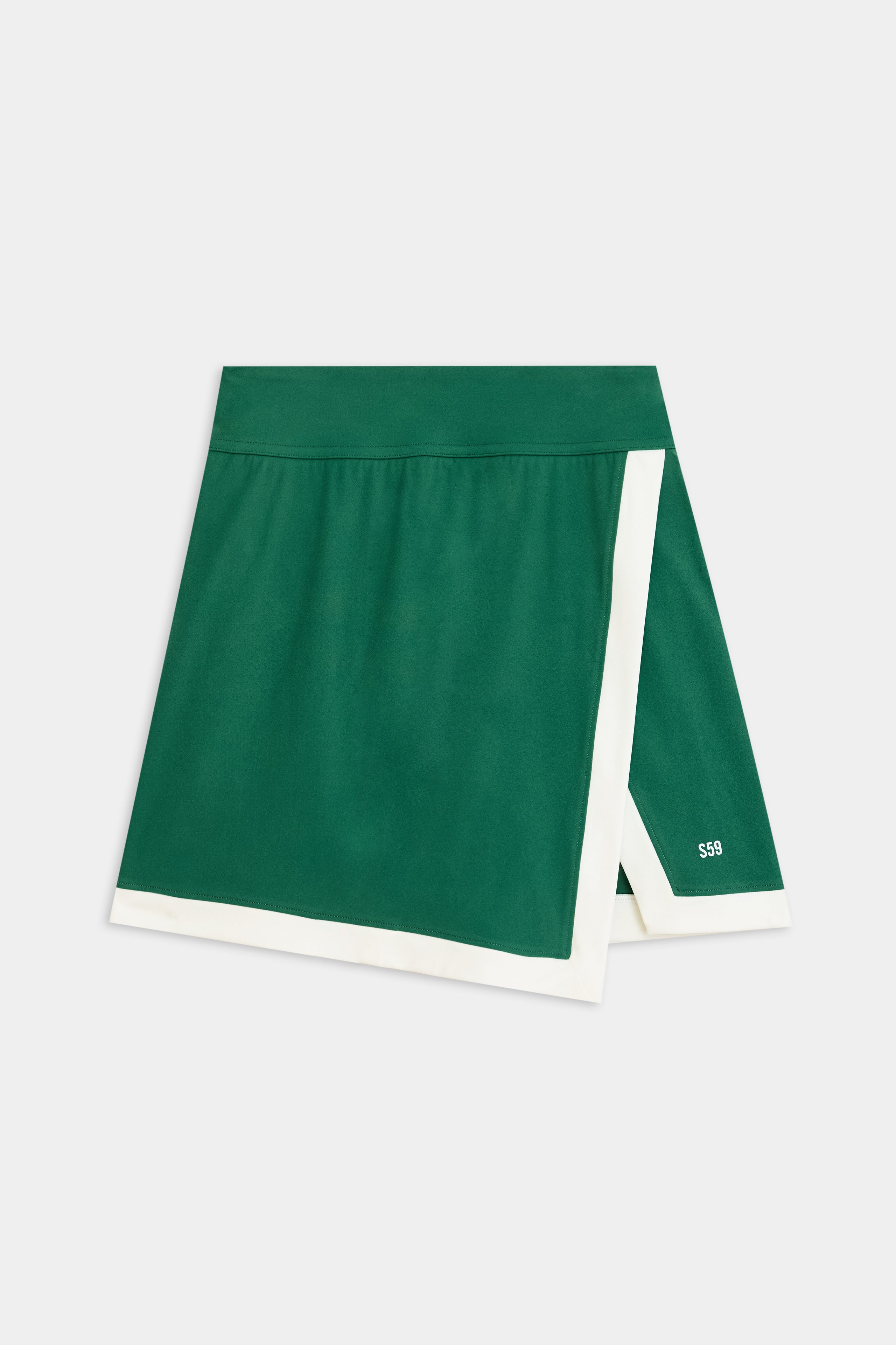 The Monah Rigor Skort by SPLITS59, in Arugula/White, crafted for high-impact workouts, features an asymmetric hem and a small "S69" detail at the bottom right.