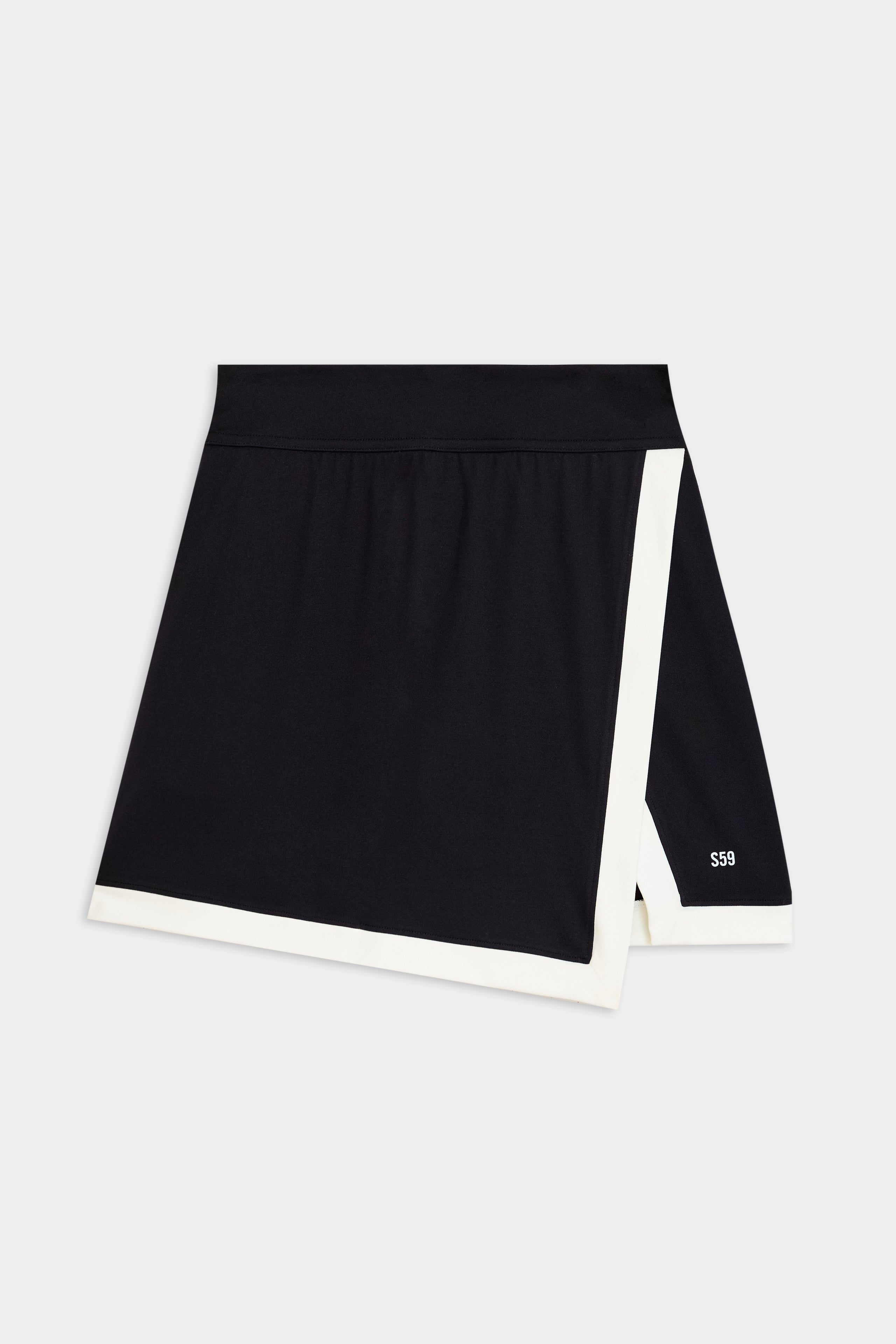 The Monah Rigor Skort by SPLITS59 in black with white trim features "SS9" on the lower right. Made from high-performance, moisture-wicking fabric, it combines comfort and style for intense workouts.