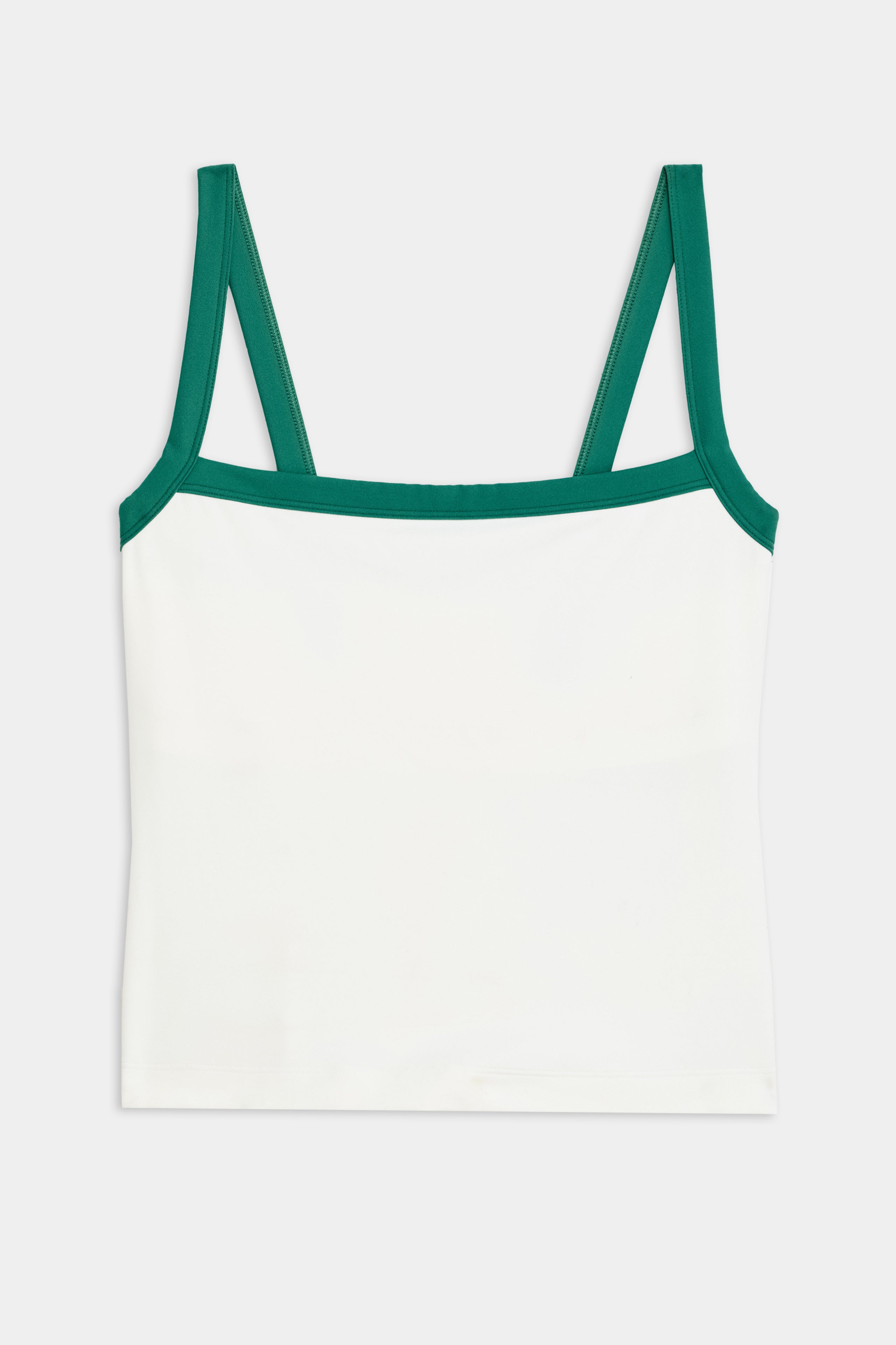 The SPLITS59 Monah Rigor Tank in White/Arugula offers a soft touch with its Rigor fabric, enhanced by chic green straps and trim.