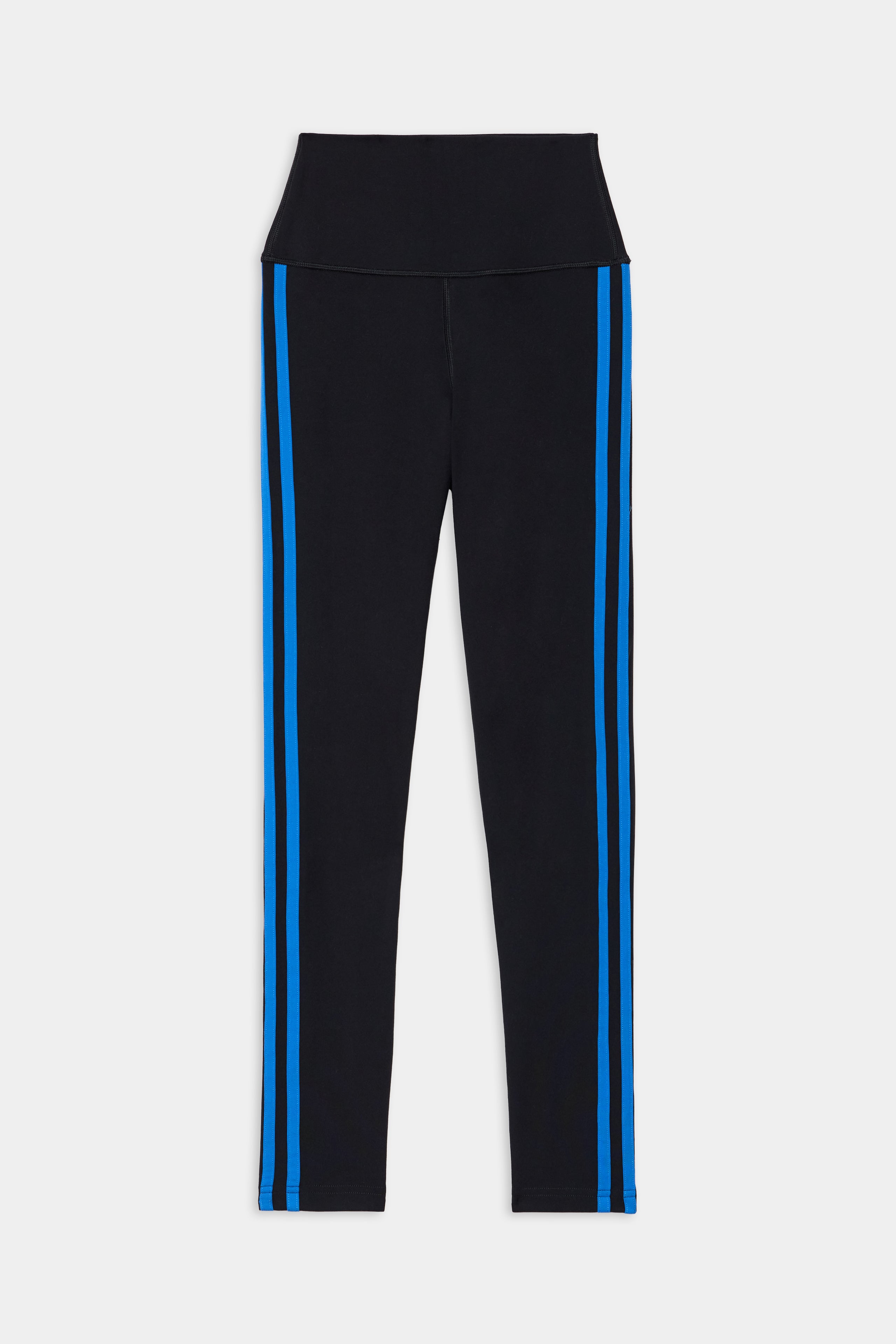 The SPLITS59 Ella High Waist Airweight 7/8 leggings in Black/Classic Blue feature two parallel blue side stripes and are made from nylon spandex, shown laid flat on a white background.