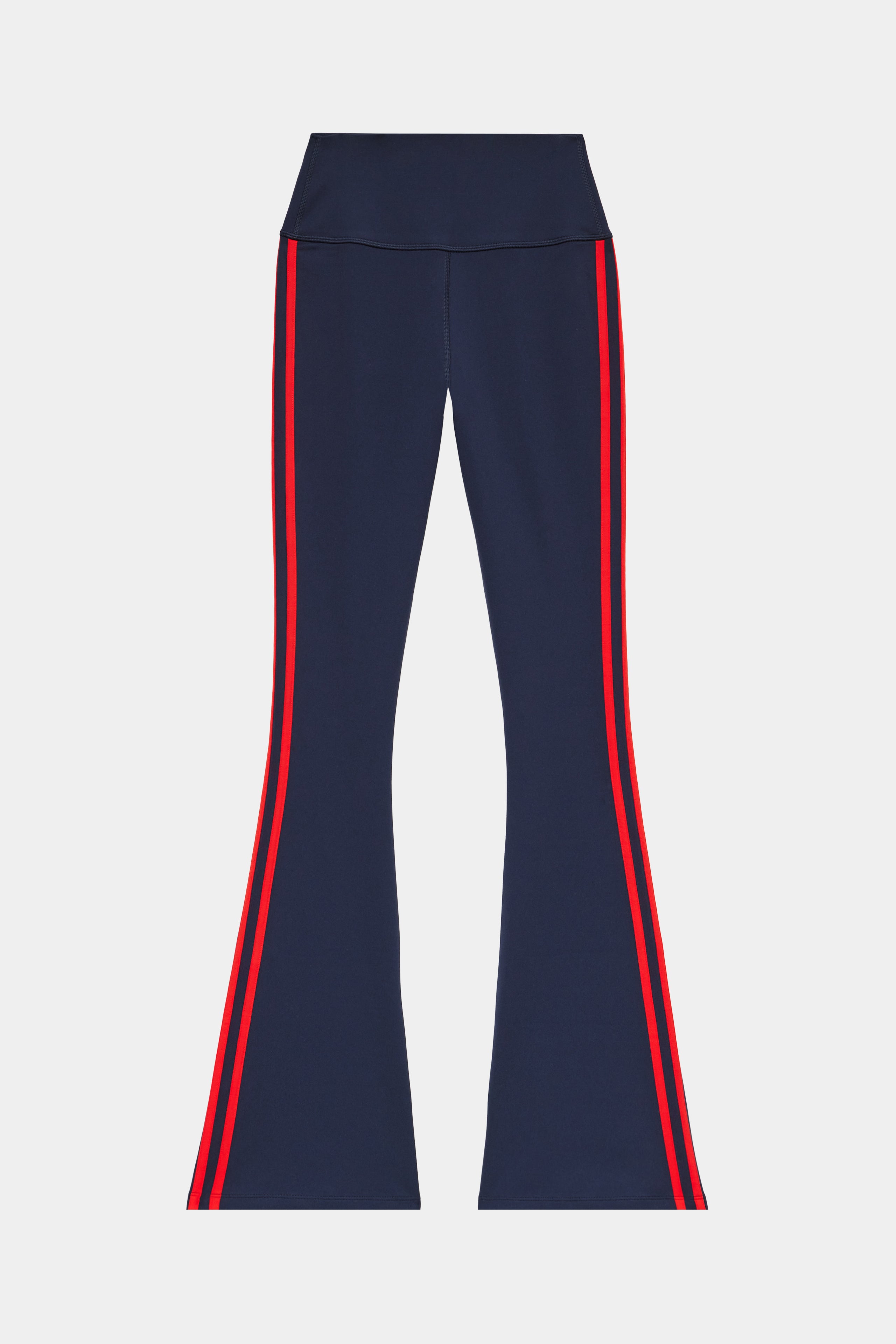 Navy blue flared pants with a wide waistband and red double stripes running down the sides of each leg.