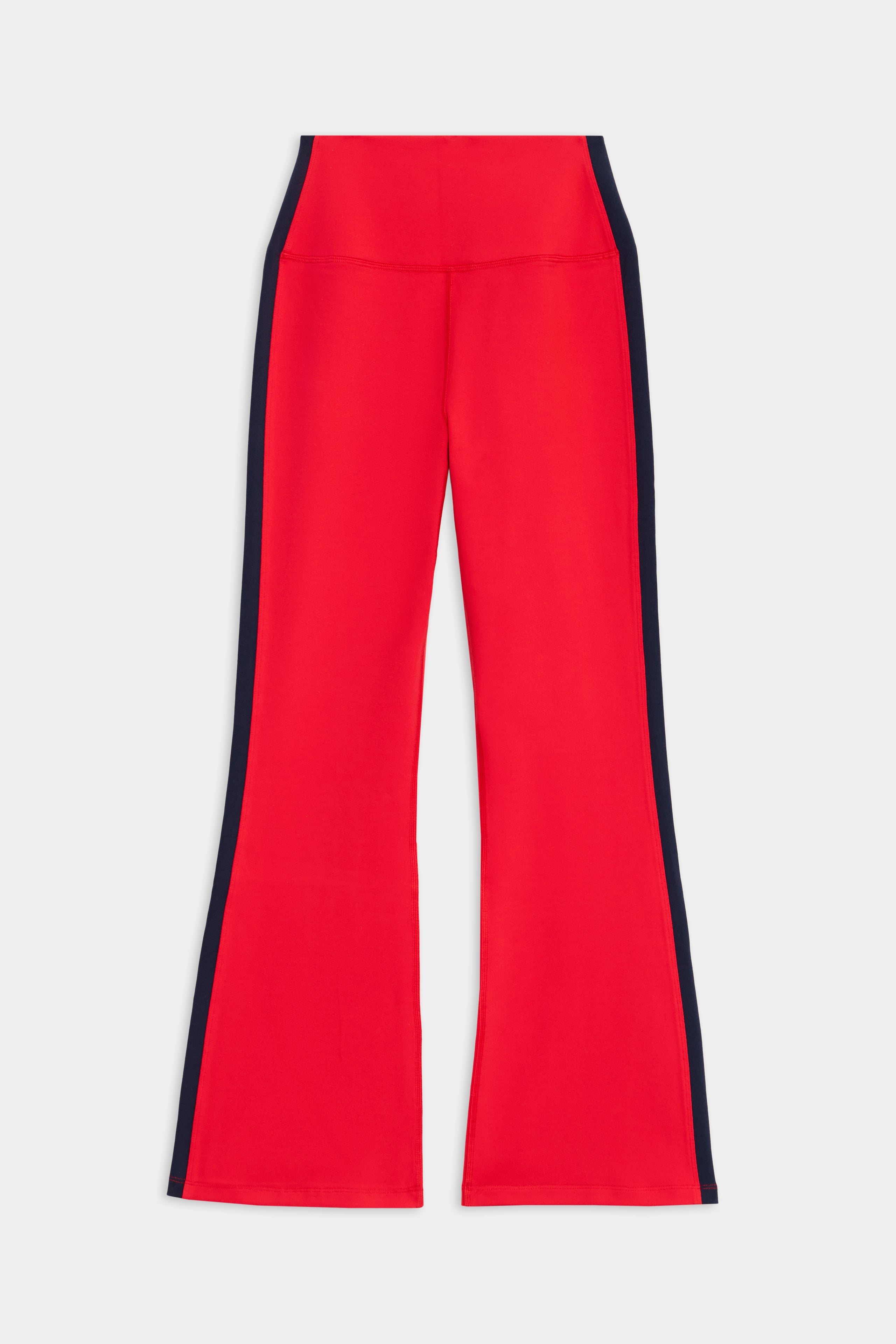 The SPLITS59 Raquel High Waist Crop in Pirate Red/Indigo features black side panels and 4-way stretch fabric for comfort and movement. Laid flat on white, these cropped pants are ideal for yoga with their iconic high-waist Raquel design.