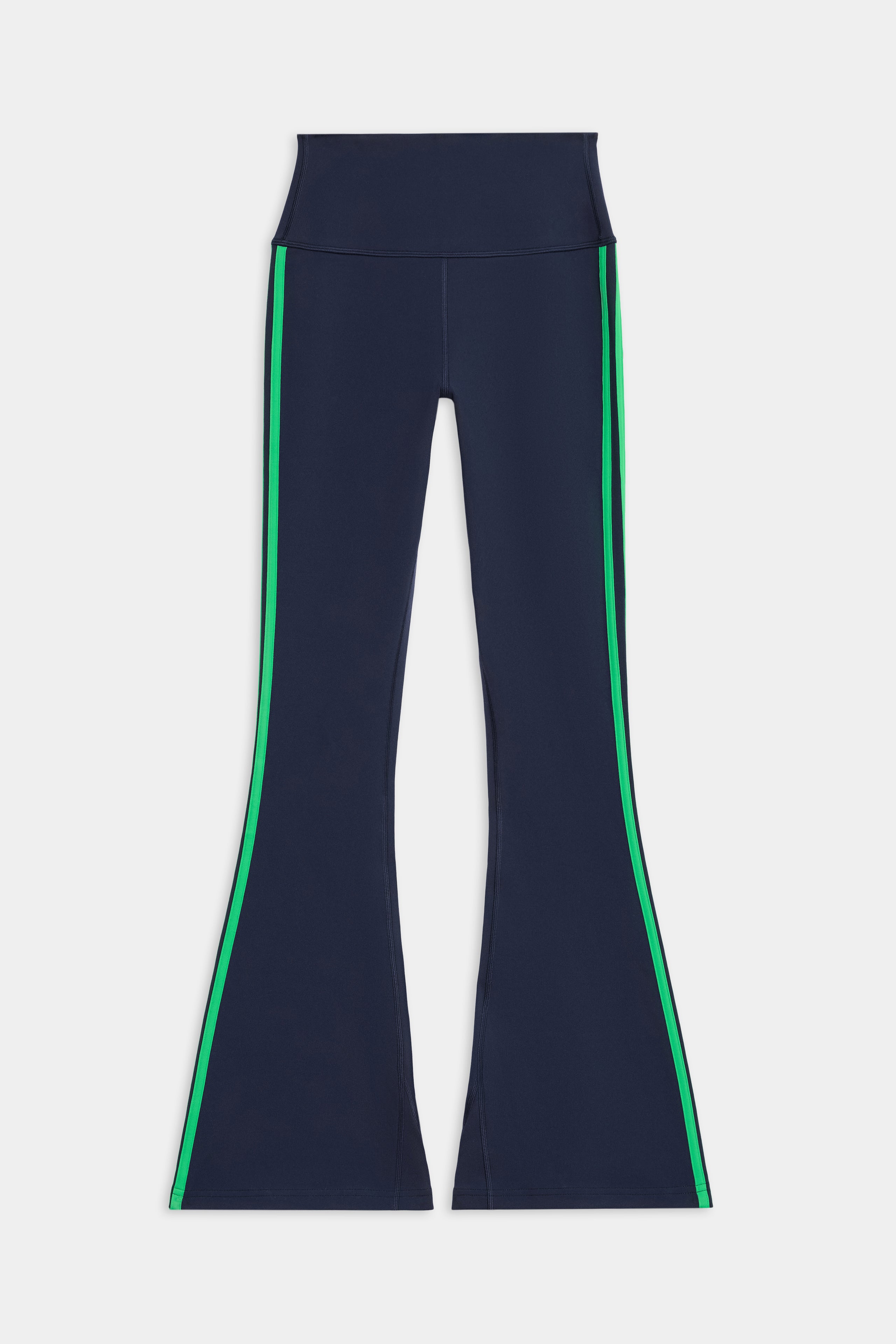 The SPLITS59 Raquel High Waist Supplex Flare in Indigo/Grass features a high waistband, green side stripes, and 4-way stretch for superior comfort and flexibility.