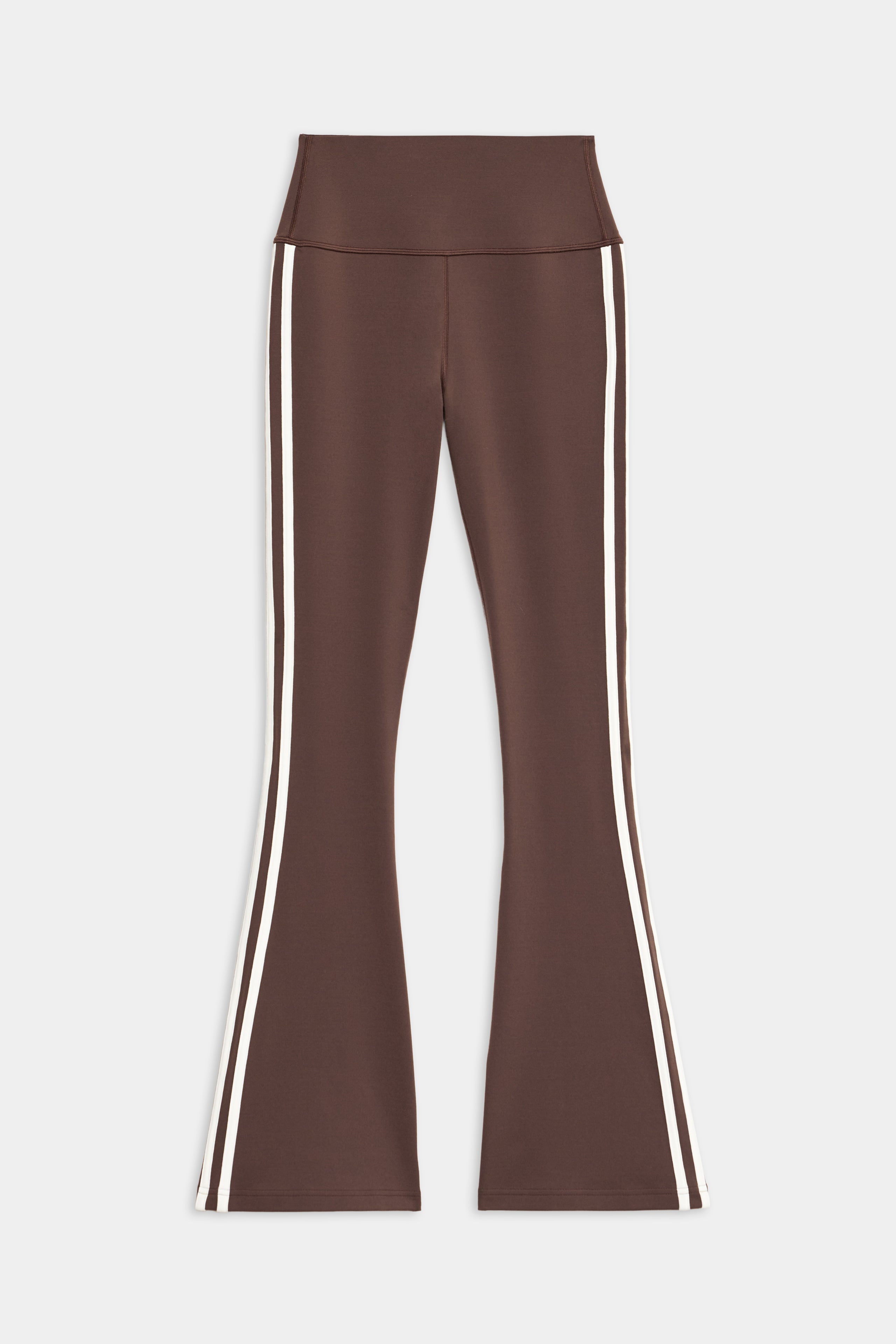 The SPLITS59 Raquel High Waist Flared Legging in Dark Chocolate/Creme features soft spandex, white side stripes, a high-rise waistband, and full-length flared legs, displayed flat on a white background.