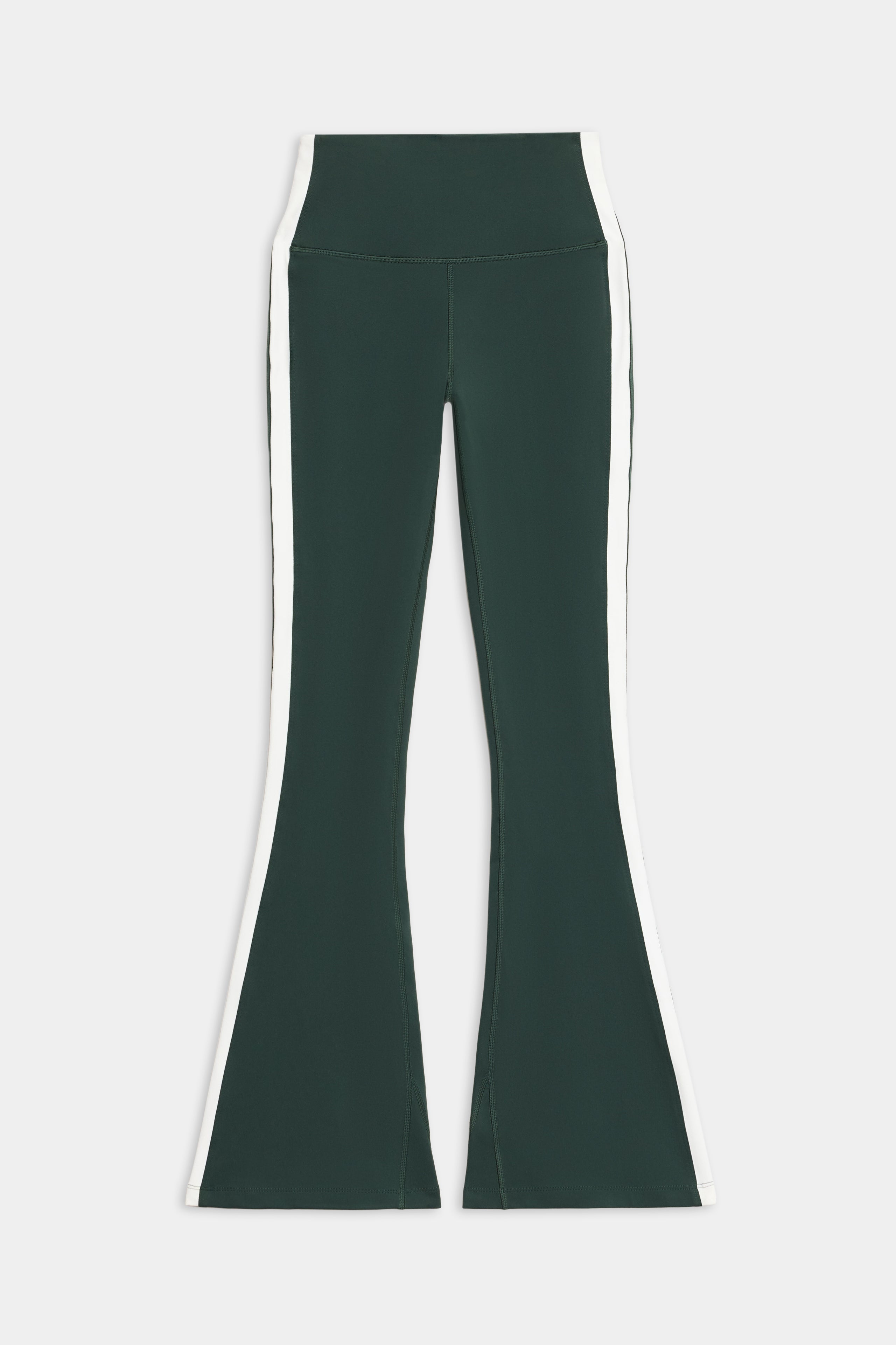 The SPLITS59 Raquel High Waist Flared Legging in Military/White features white side stripes and a comfy spandex-blend, shown laid flat on a white background.
