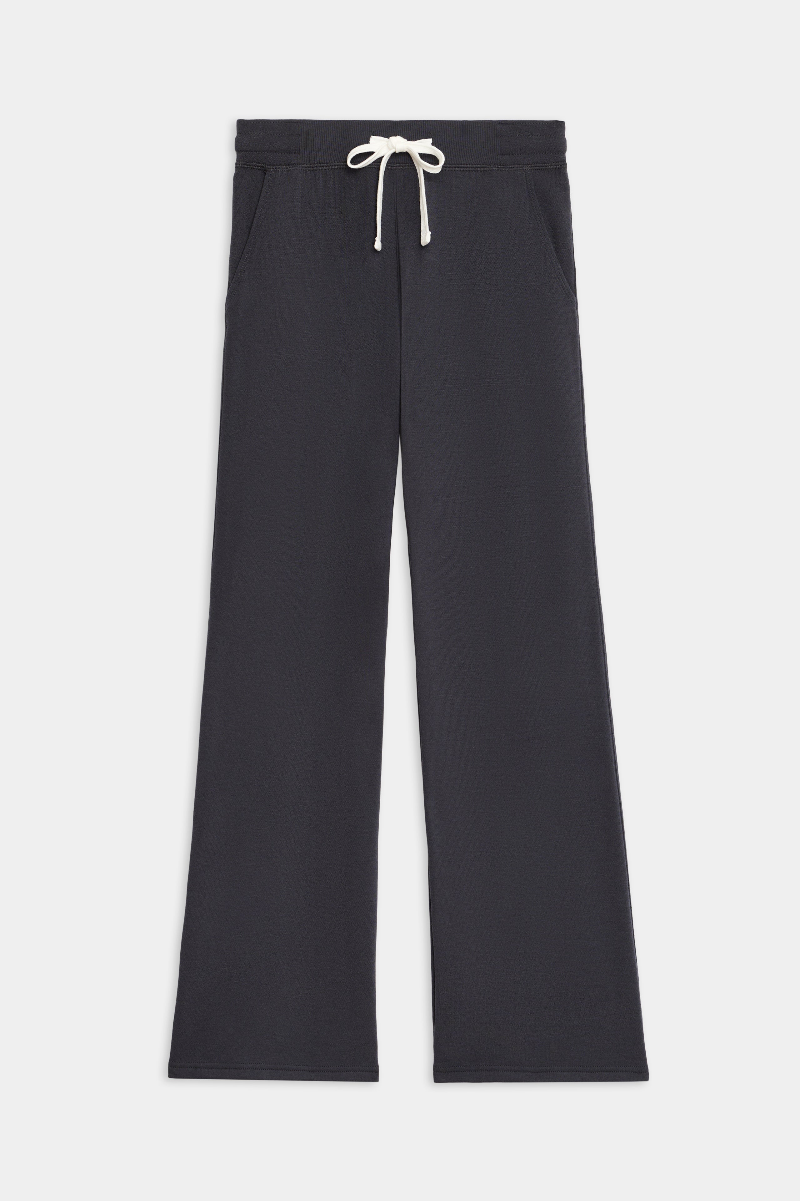 The SPLITS59 Raven Fleece Full Length Sweatpant features a black wide-leg design with an elastic waistband, white drawstring, and side pockets, shown flat on a white background.