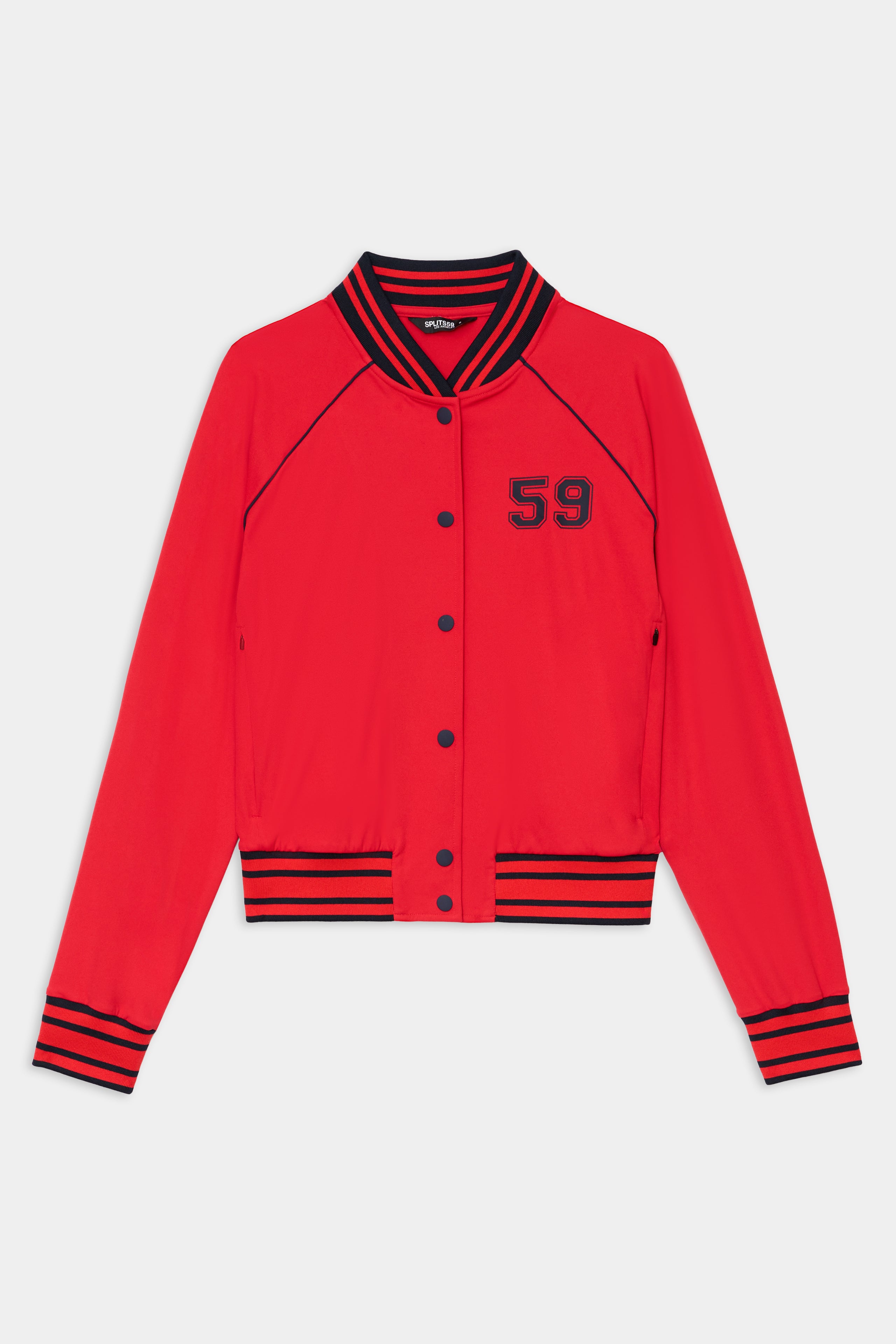 The SPLITS59 Hayes Varsity Rigor Jacket in Pirate Red features a nylon build, black striped cuffs and collar, button-up front, and embroidered number 59 on the upper left chest.