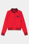 The SPLITS59 Hayes Varsity Rigor Jacket in Pirate Red features a nylon build, black striped cuffs and collar, button-up front, and embroidered number 59 on the upper left chest.