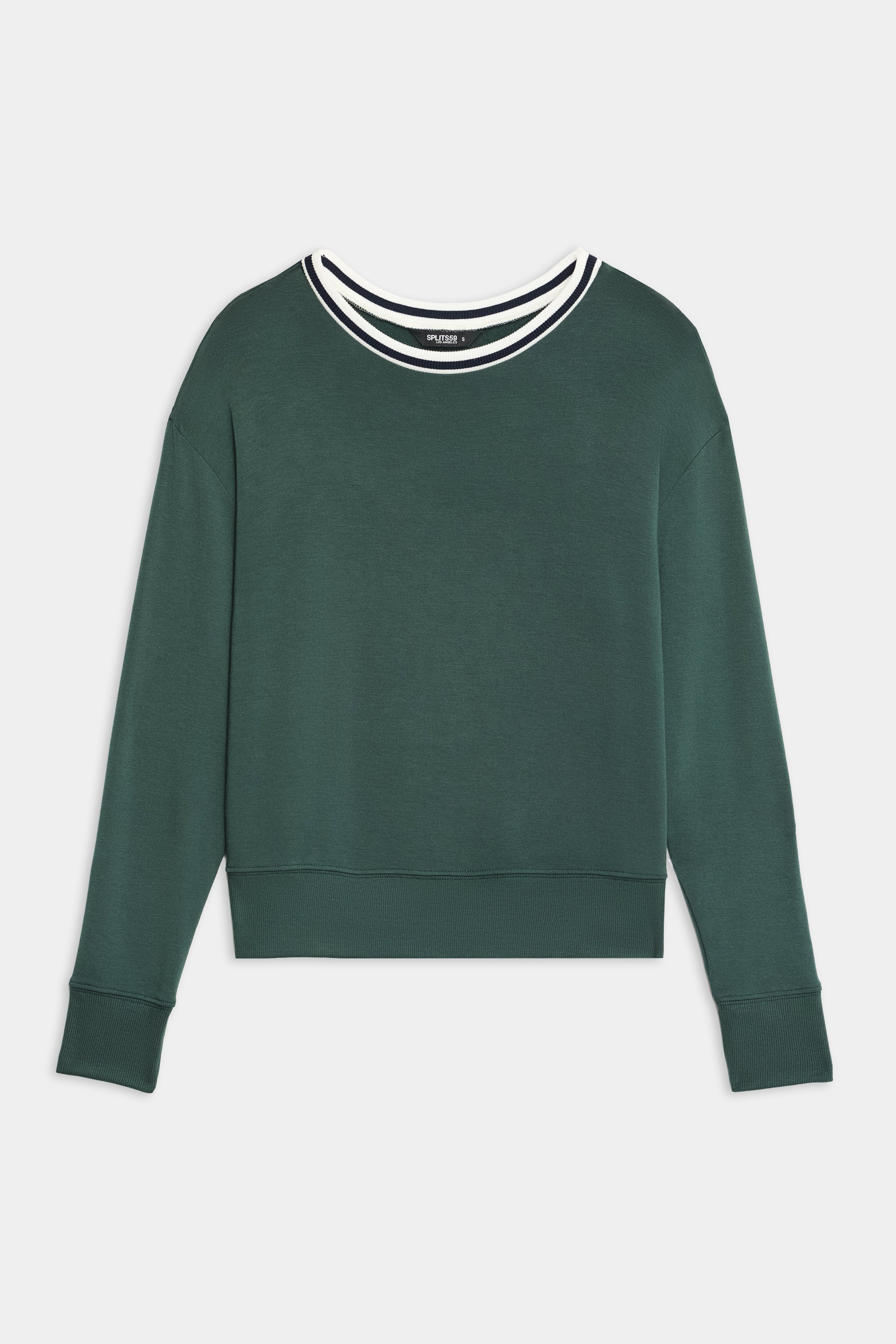 The Sonja Fleece Sweatshirt with Stripe by SPLITS59 features dark green fabric, a white and black striped crew neckline, ribbed cuffs, and a ribbed waistband.