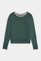 The Sonja Fleece Sweatshirt with Stripe by SPLITS59 features dark green fabric, a white and black striped crew neckline, ribbed cuffs, and a ribbed waistband.