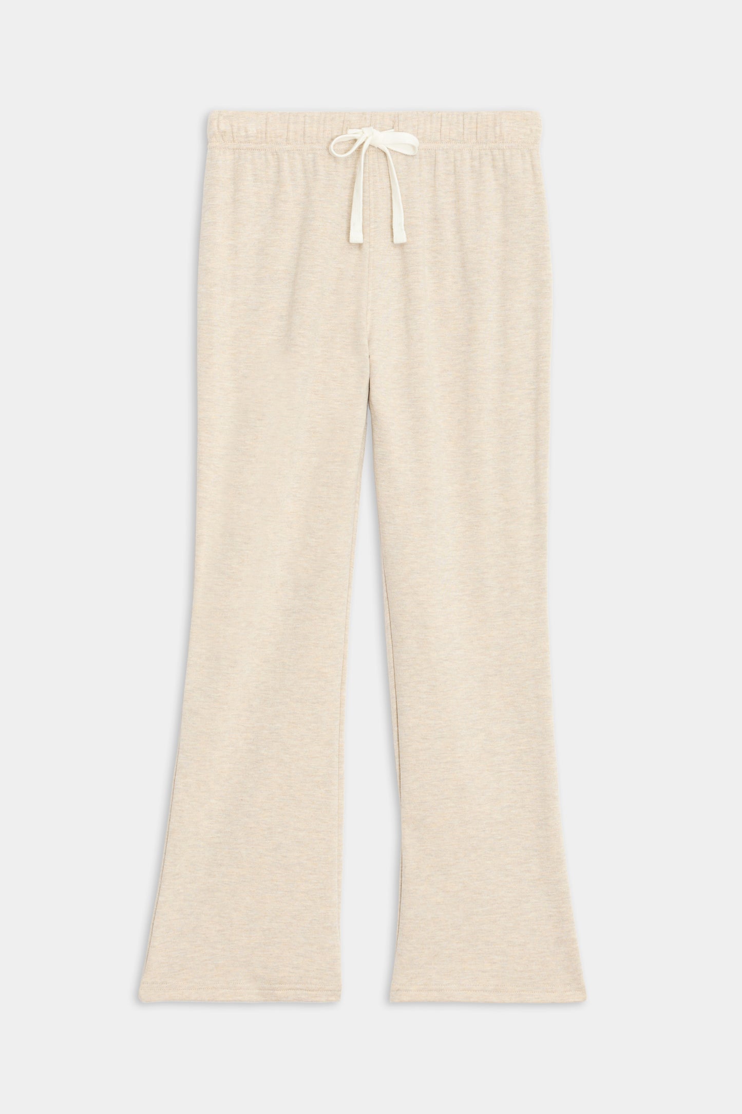 The Brooks Fleece Cropped Flare in Heather Oatmeal by SPLITS59 are beige wide-leg pants with an adjustable drawstring waist, made from ultra-luxe fleece, displayed on a white background.