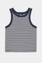 The Kiki Rib Crop Tank by SPLITS59 is a sleeveless cropped tank in white and indigo stripes, crafted from soft baby rib fabric. MADE IN LOS ANGELES.