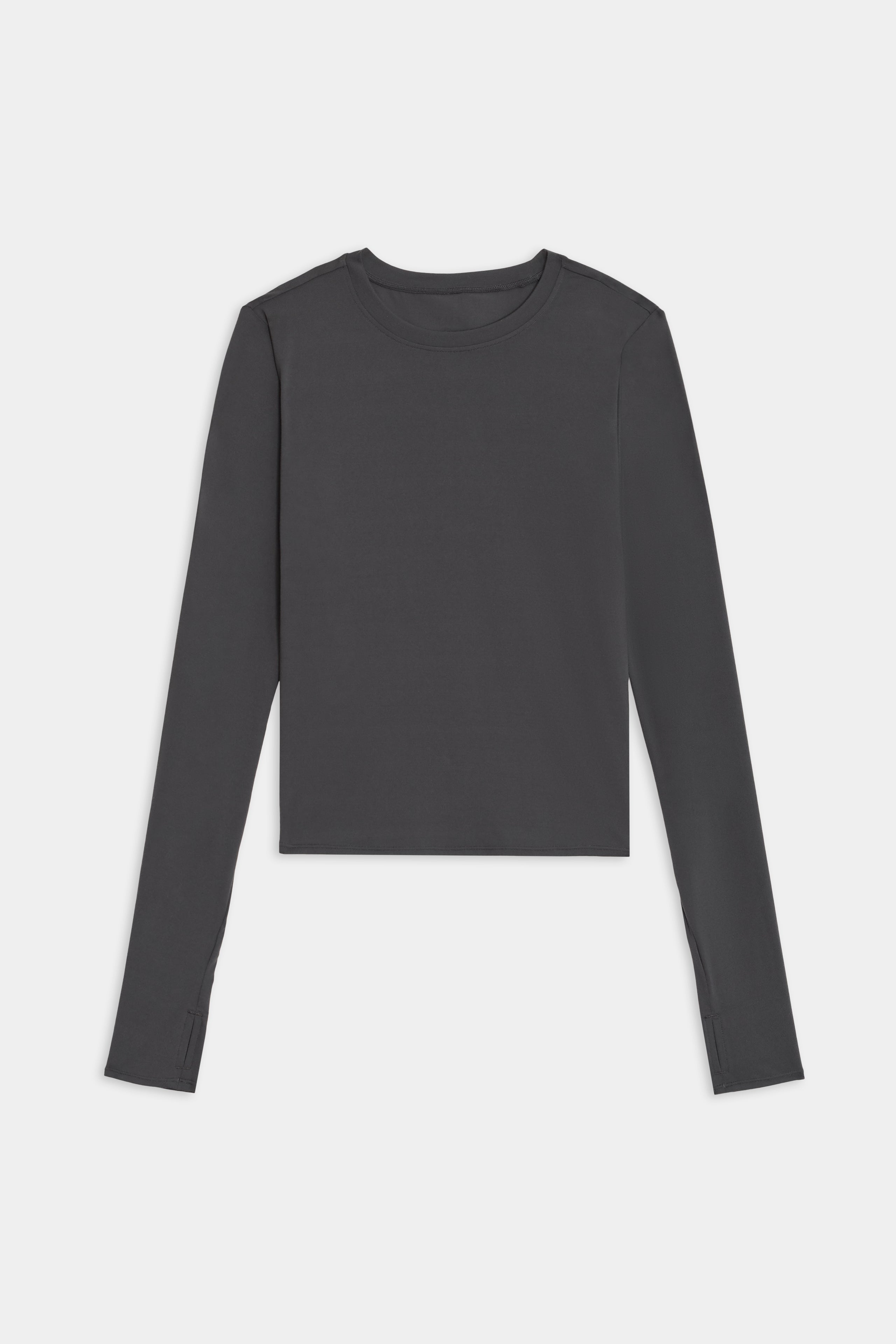 SPLITS59's Airweight Lite LS Waist Length in Graphite, a long-sleeve fitted top with a crew neckline, ideal for workouts, displayed flat on a white background.